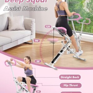 Sportsroyals Pink Squat Machine Rowing Machine for Home 2 in 1 Rower & Squat Assist Workout Foldable Rower for Home Full Body Worikout Adjustable 4 Resistance Bands 330lbs