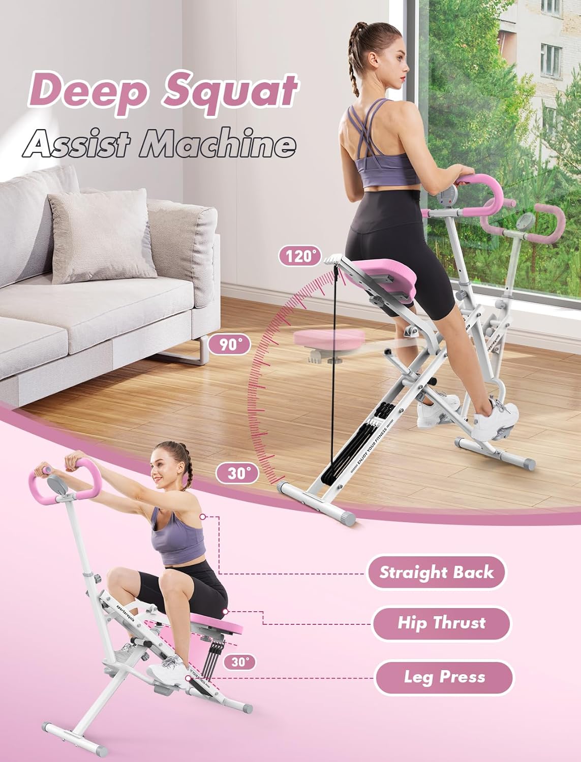 Sportsroyals Pink Squat Machine Rowing Machine for Home 2 in 1 Rower & Squat Assist Workout Foldable Rower for Home Full Body Worikout Adjustable 4 Resistance Bands 330lbs - Image 2