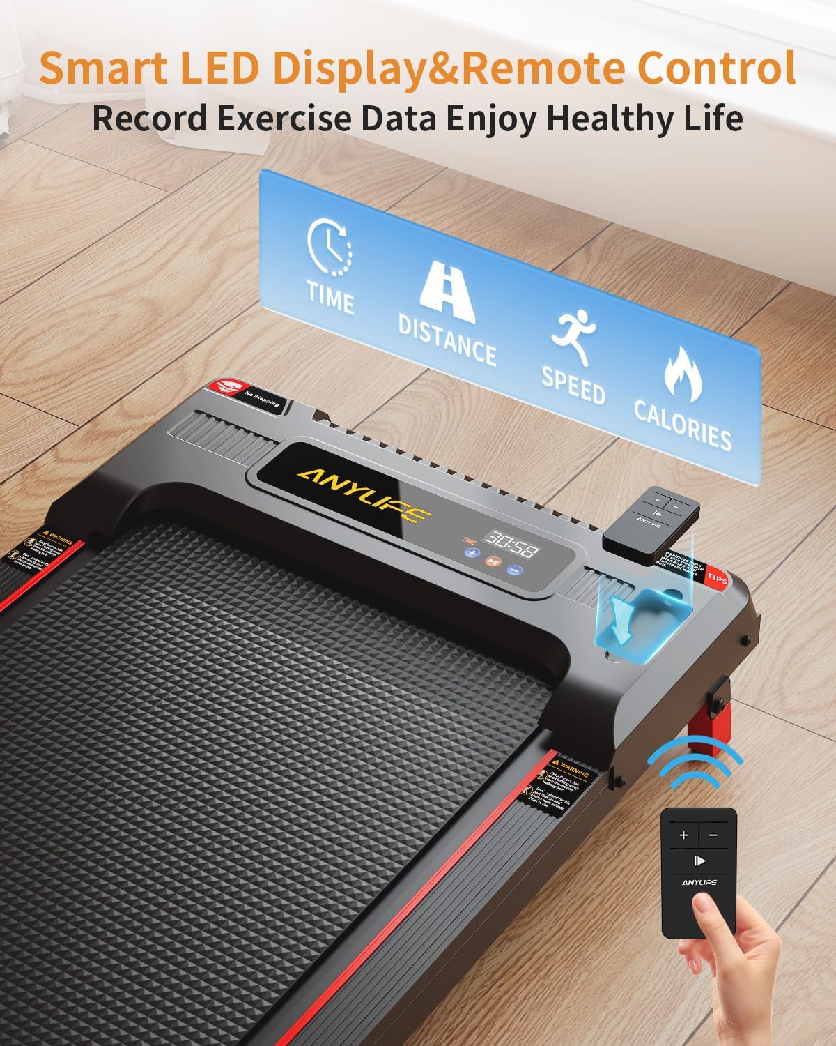 Walking Pad Treadmill, Anylife Incline Walking Pads Under Desk 330lb Capacity, 2.5HP Portable Treadmills for Home, Compact Treadmill Small Running Pad with LED Display, Remote Control, Black - Image 5