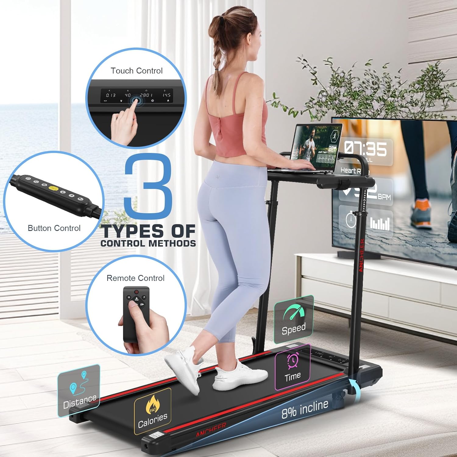 ANCHEER Walking Pad Treadmill with 12% Incline&Adjustable Height, 4 in 1 Under Desk Treadmills with Desk Workstation, Foldable Treadmill for Home 300lb,3 Type Control - Image 5