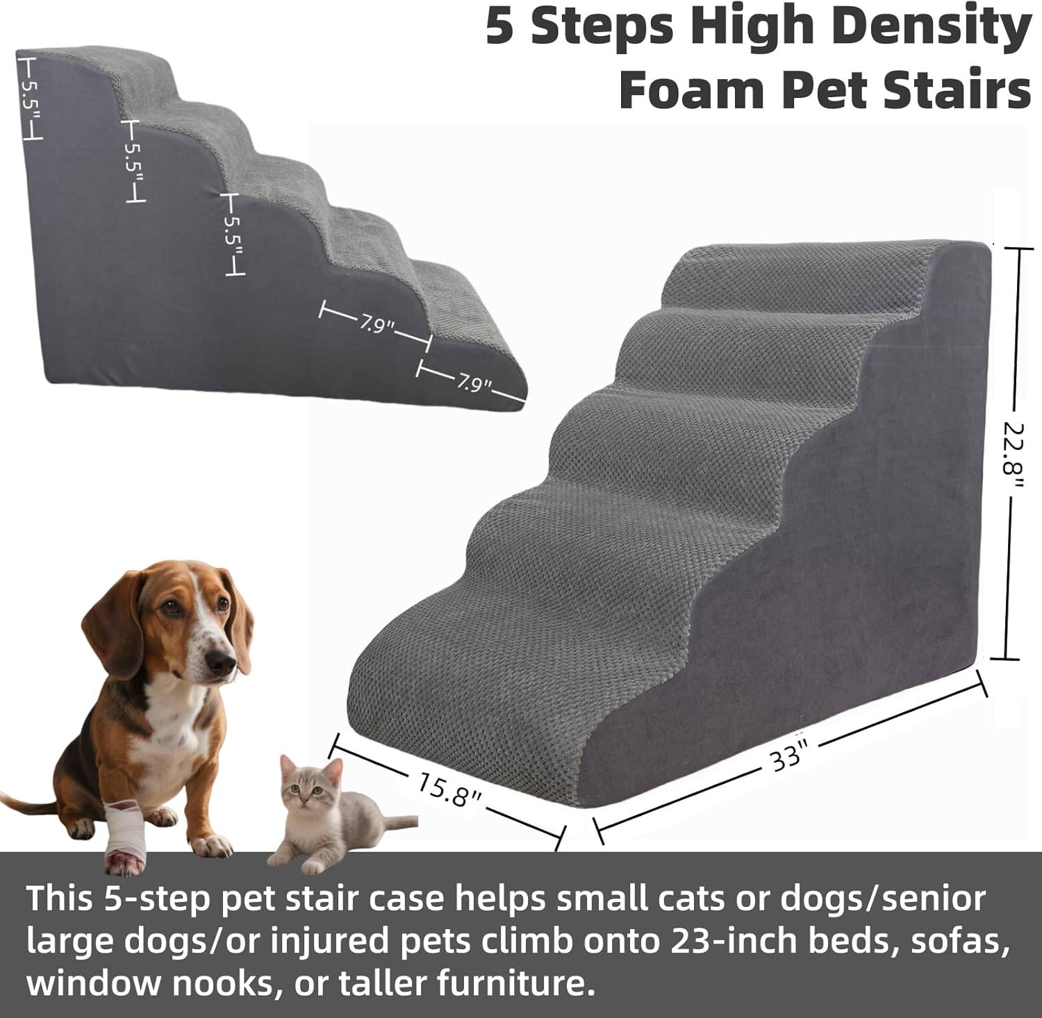 5 Step Pet Stairs Ramp for High Beds Sofas 5-30 Inch with Sturdy Non Slip Waterproof Pads, Machine Washable Cover Indoor Balanced Design for Cats Dogs Small Medium Large XL Pets Grey (Grey, Large, 1) - Image 2