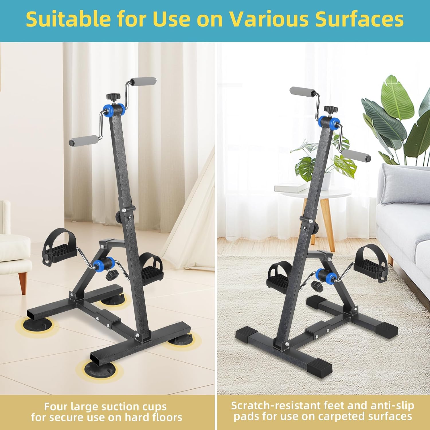 Foldable Arm and Leg Exercise Bike for Seniors - 16" W×16" D×38" H Folding Pedal Exerciser with Adjustable Resistance, Knee & Foot Stroke Therapy for Adults, with Shock Absorbing Suckers, Dark Grey - Image 5