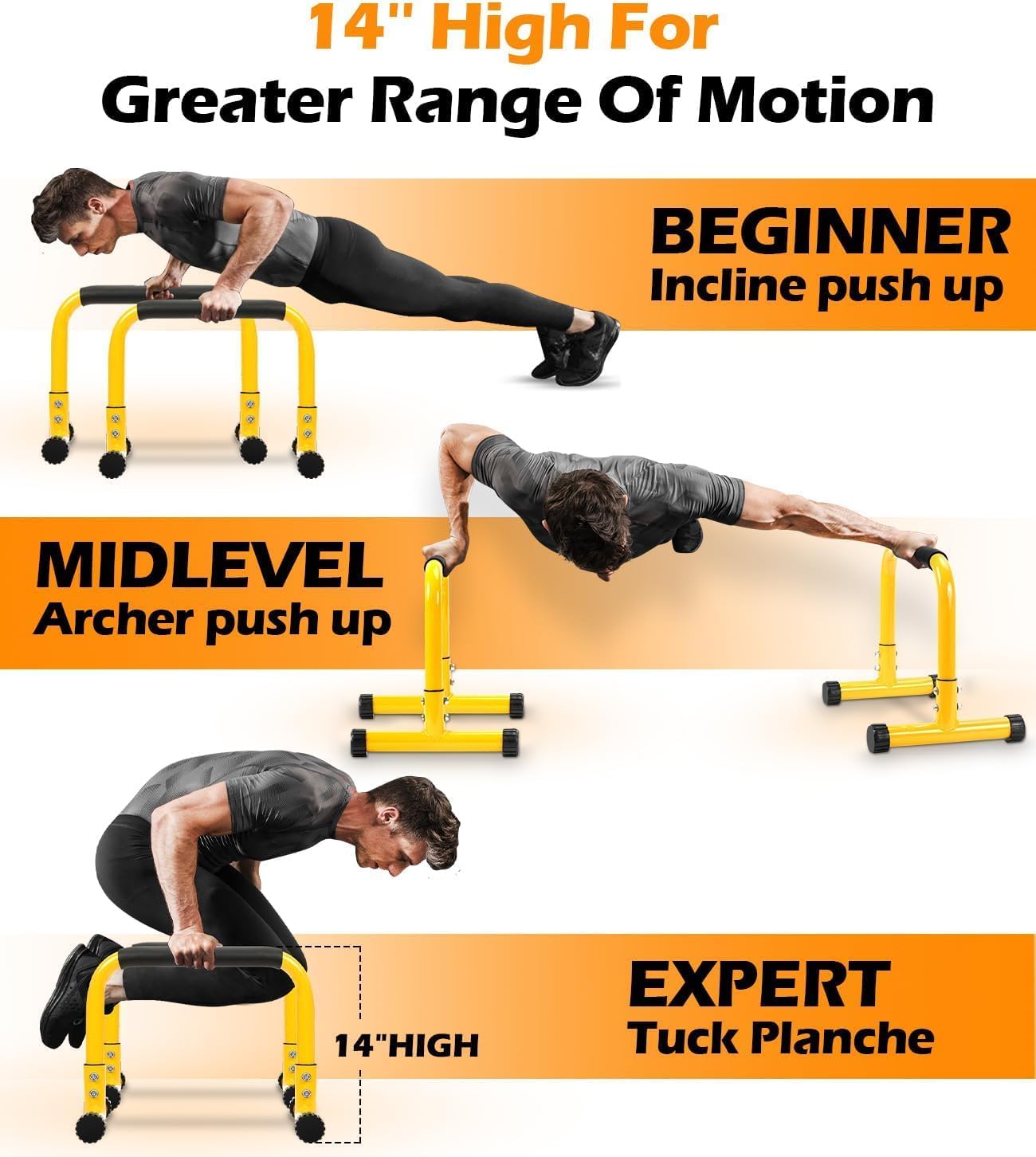 TABEKE Push Up Bar, 14'' High Steel Parallettes & Dip Bar with Full Coverage Foam Handle, Heavy-Duty Calisthenics Parallel Bars for L-Sit, Dips, Home Gym Strength Training Workout - Image 4