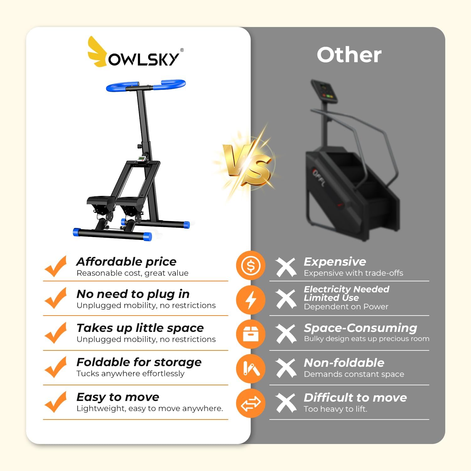 OWLSKY Stair Stepper for Home, Folding Vertical Climber Exercise Machine with Stable Triangular Frame, Smooth & Quiet Motion, Full Body Workout Equipment, Supports 330 LBS - Image 7