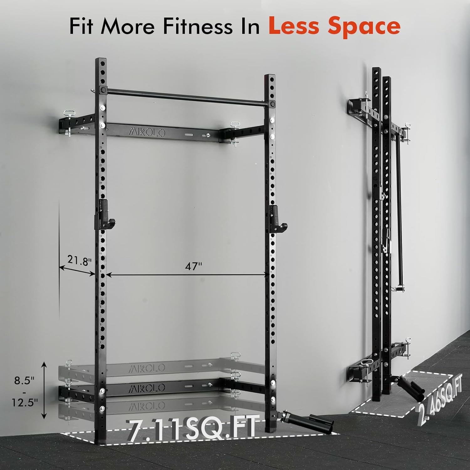 Mikolo 2" x 2" Folding Wall Mounted Squat Rack, 1000 Pounds Capacity Power Rack with Pull Up Bar, J Hooks and Other Attachments, Space-Saving Home Gym - Image 6