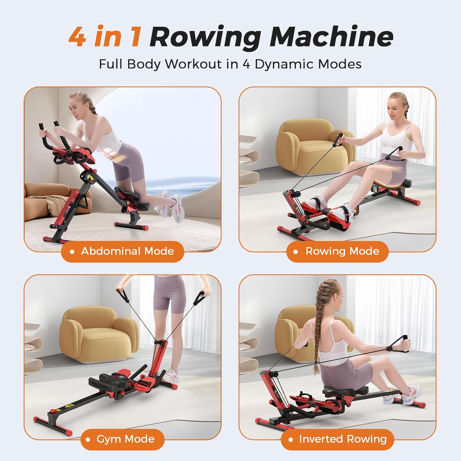 Rowing Machine, 4 in 1 Rowing and Ab Machine with 2 Levels of Workout Resistance, Quiet & Foldable Rower Machine with 3 Adjustable Handle Heights & LCD Monitor, Row Machine for Home Exercise - Image 2