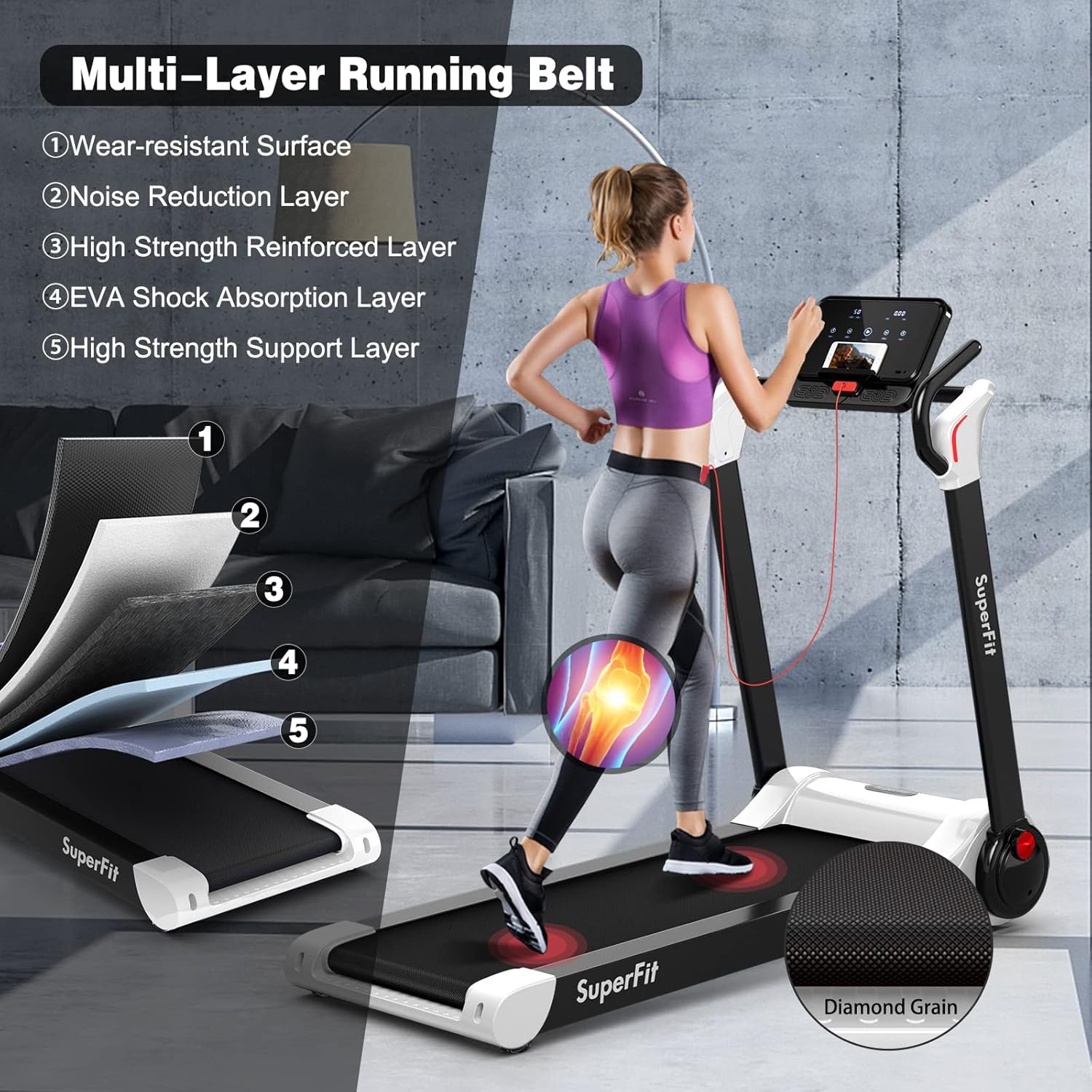 Goplus 2.25HP Folding Treadmill, Electric Superfit Treadmill W/LED Display, APP Control, Blue Tooth Speaker and Device Holder, Compact Jogging Walking Running Machine for Home & Office - Image 2