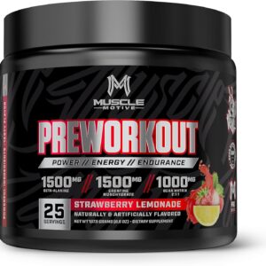 Pre Workout Powder with Beta Alanine, Creatine Monohydrate, BCAA, L Citrulline, L Arginine and Caffeine – Strawberry Lemonade Flavor – 25 Servings