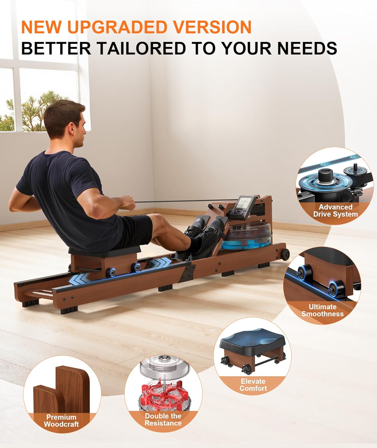 Rowing Machines for Home,Water Rowing Machine with Foldable Design,400LBS Capacity,LCD Monitor,Smooth Glide Rails,Comfortable Seat,Free App(Bluetooth) Supported for Immersive Water Rower&Home Gym - Image 3