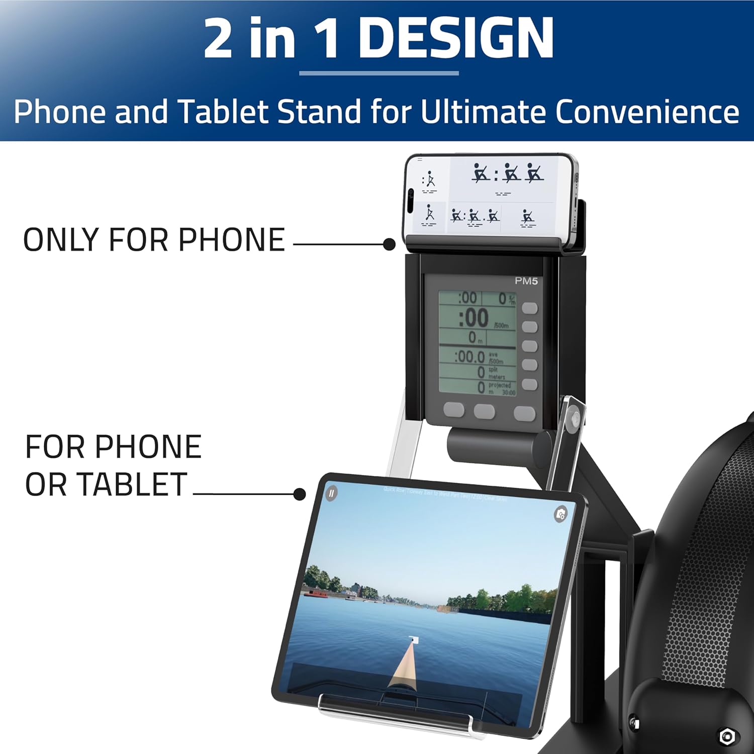 Phone & Tablet Holder Compatible with Concept 2 Rowing Machine & Skierg with PM5 Monitor, Rower Accessories, 2-in-1 Phone & Tablet Mount Stand for Model D&E and Rowerg, NOT for PM3/PM4, Patent Pending - Image 3