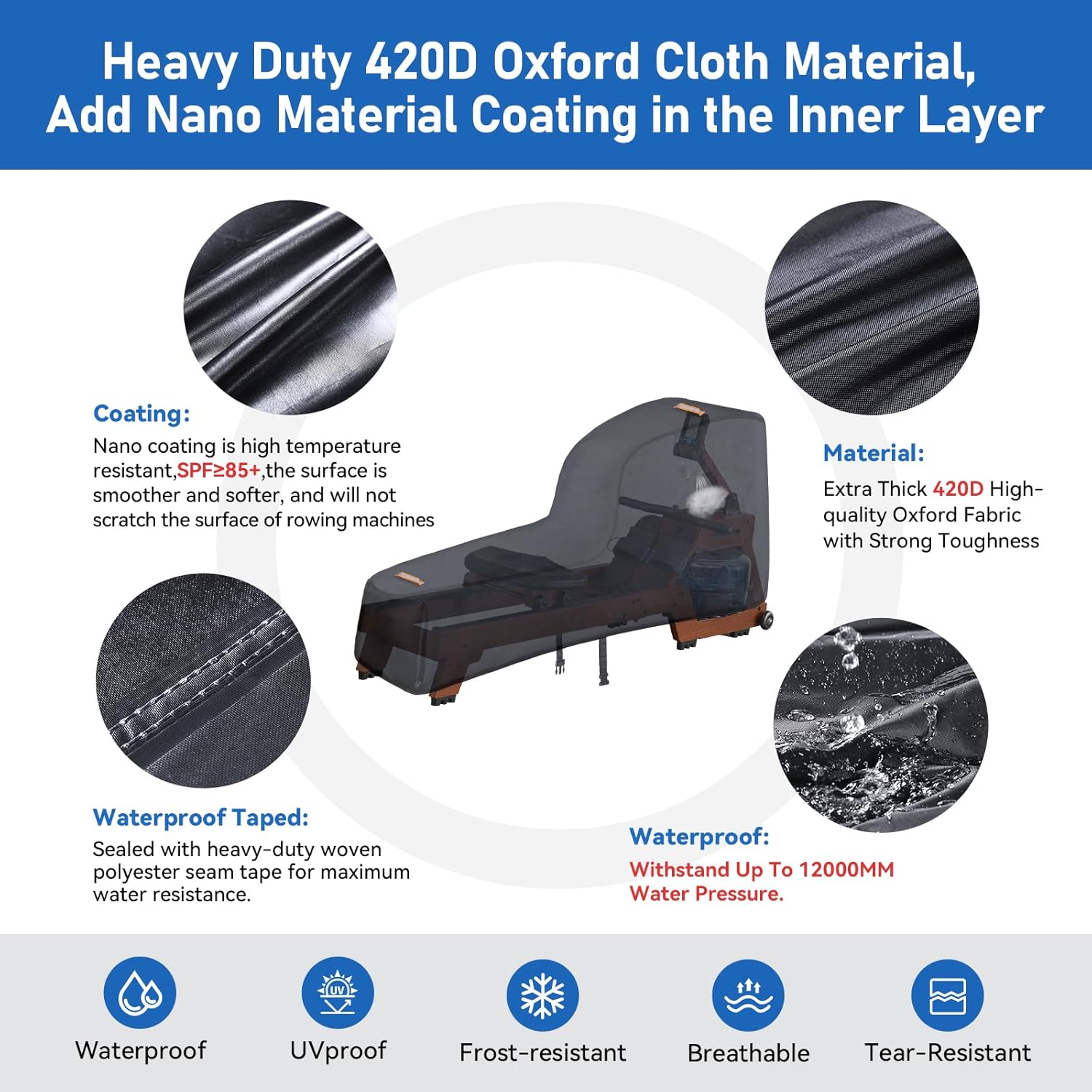 Rowing Machine Cover,420D Heavy Duty Rower Outdoor Covers,Outdoor Protective Cover for Concept 2 Fitness Equipment,with Waterproof Strip,Windproof Buckle,2 Handles,Accessories Fit for Concept 2 Rower - Image 4