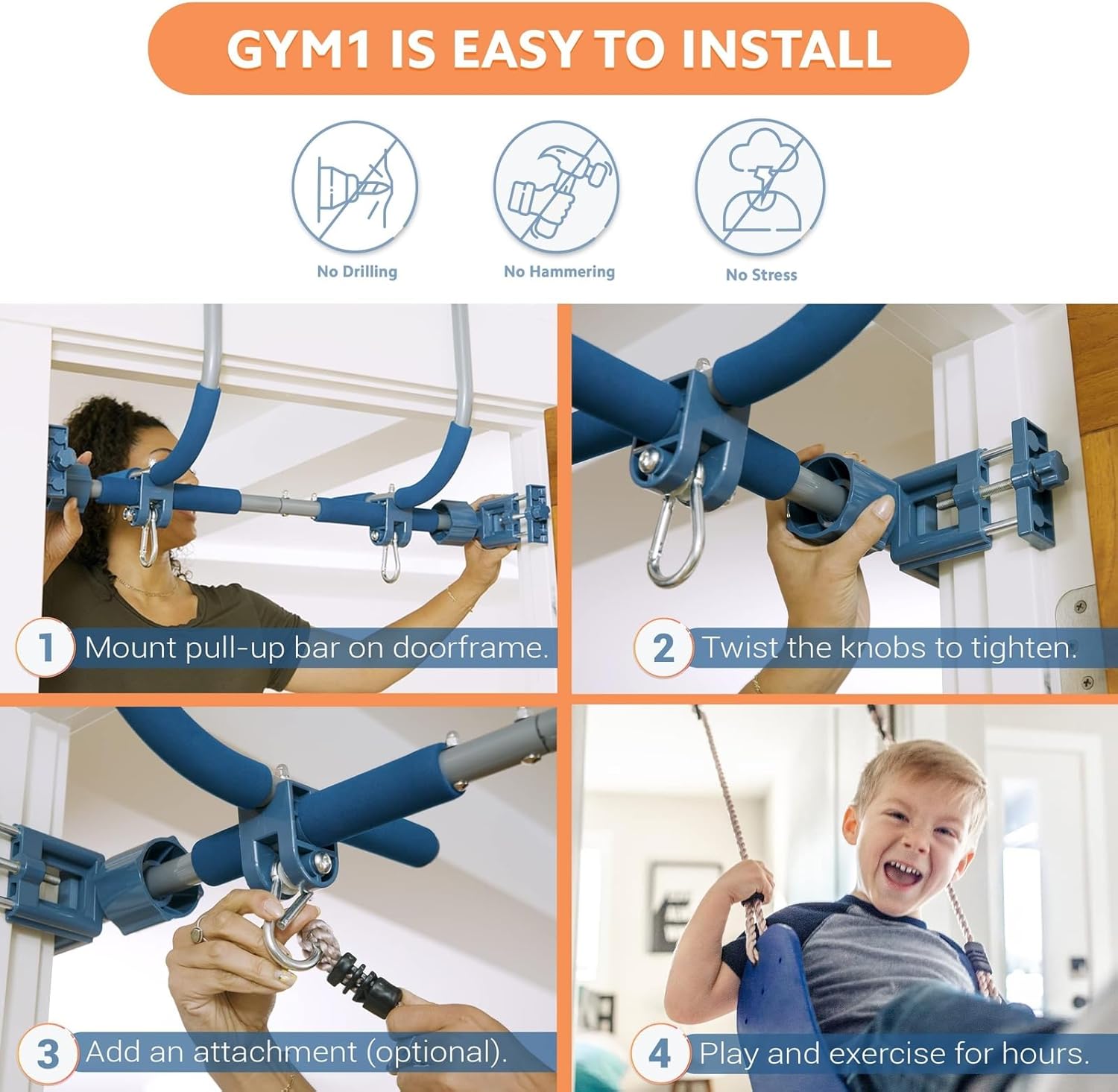 Gym1 Pull Up Bar for Doorway | Door Frame | No Screws Installation for Upper Body Fitness Workout at Home Gym | Made from Professional-Grade Steel - Image 4