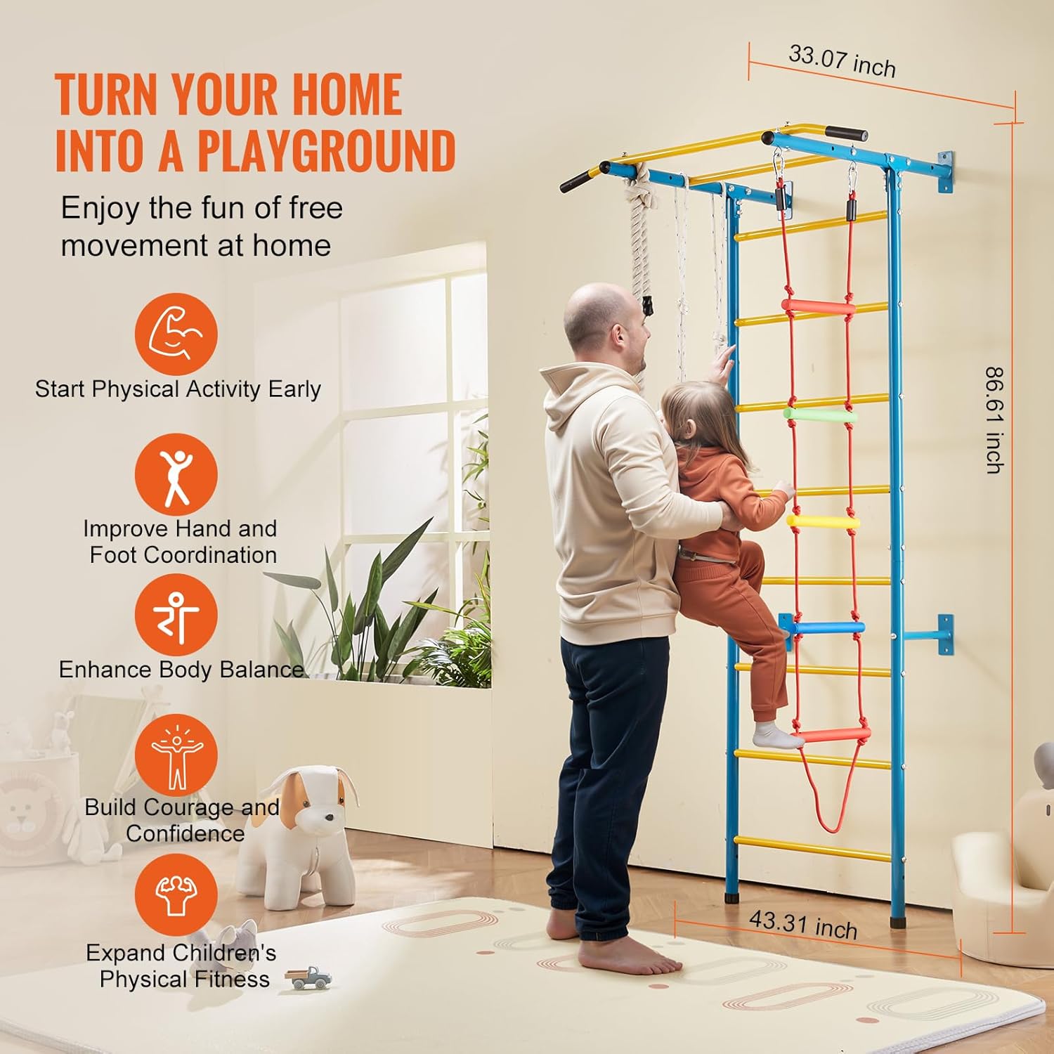VEVOR Indoor Jungle Gym for Toddlers, 5-in-1 Climbing Playset with Carbon Steel Swedish Ladder, Wall Ladder, Pull-Up Bar, Rope Ladder, and Gymnastic Rings, Supports 220 lbs, Multicolor - Image 3