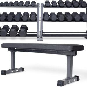REP FITNESS Dumbbell Set with Bench – 5-50, 5-75 or 5-100 Rubber Hex Dumbbell Set with Either Flat or Adjustable Bench