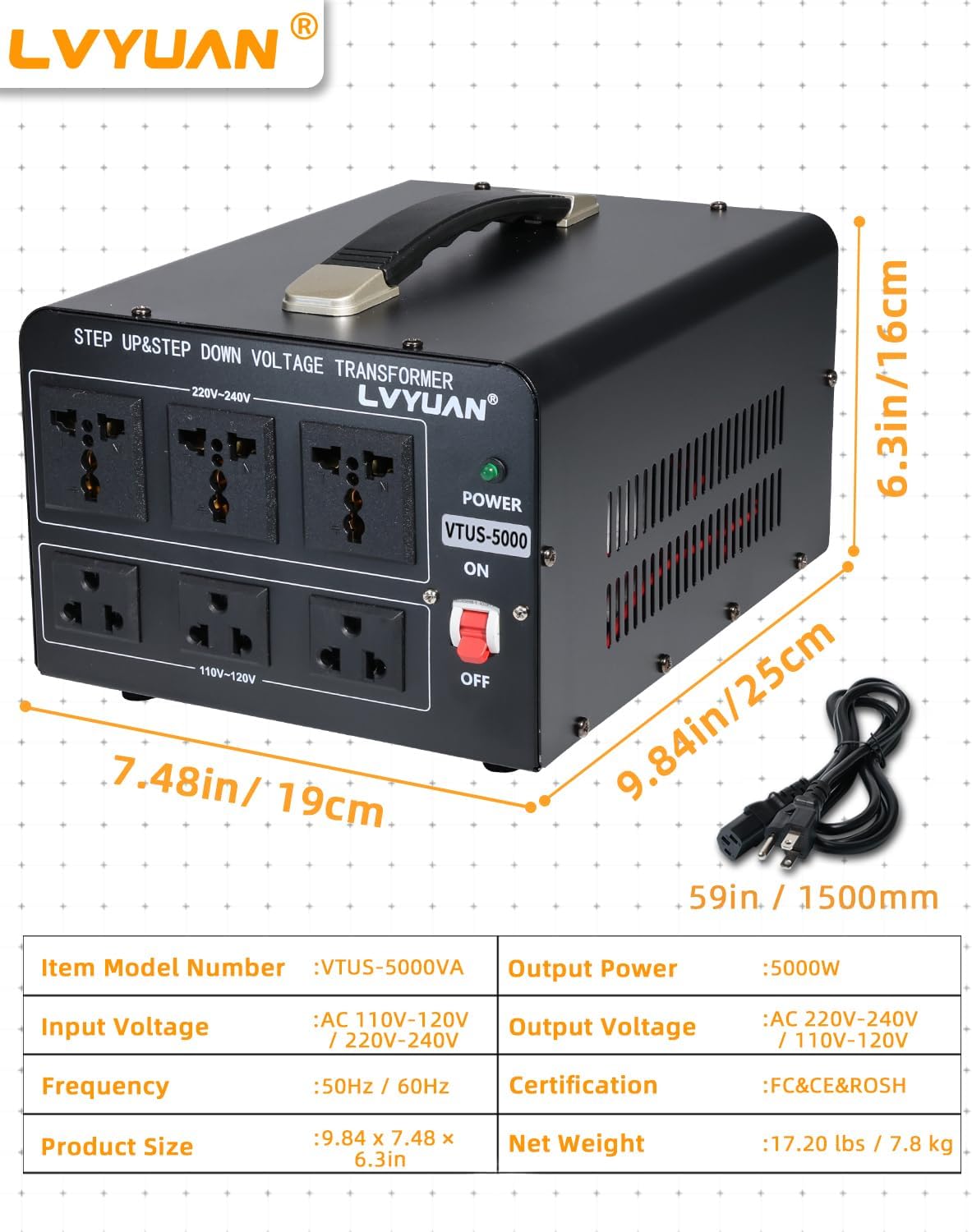 LVYUAN 5000 Watt Voltage Converter Transformer Heavy Duty Step Up/Down AC 110V/120V/220V/240V Power Converter with 3 US Outlets, 3 Universal Outlets, Resettable Circuit Breaker Protection - Image 7