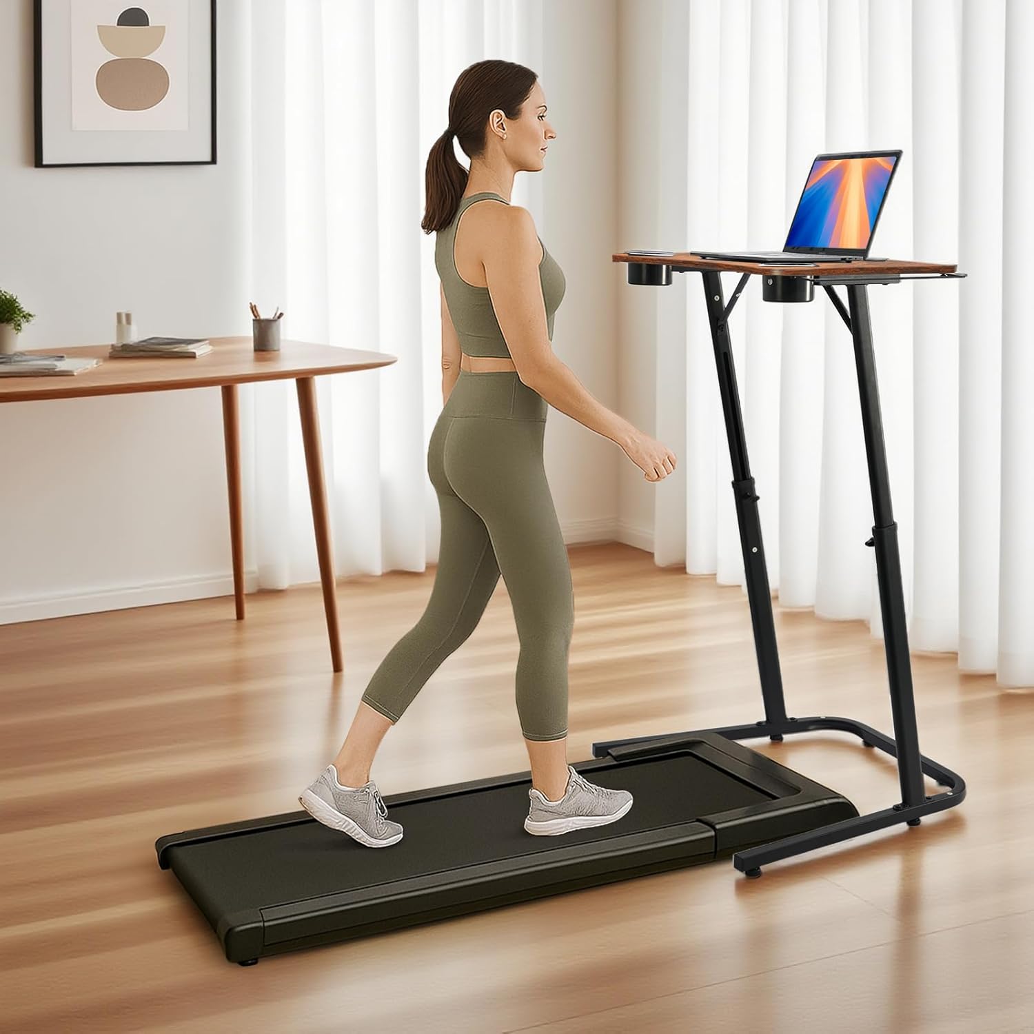 Treadmill Desk, Small Standing Desk for Walking Pad, 30-47 Inch Adjustable Height Walking Pad Stand for Treadmill, Portable Standing Table for Bike and Home Office Work - Brown - Image 2