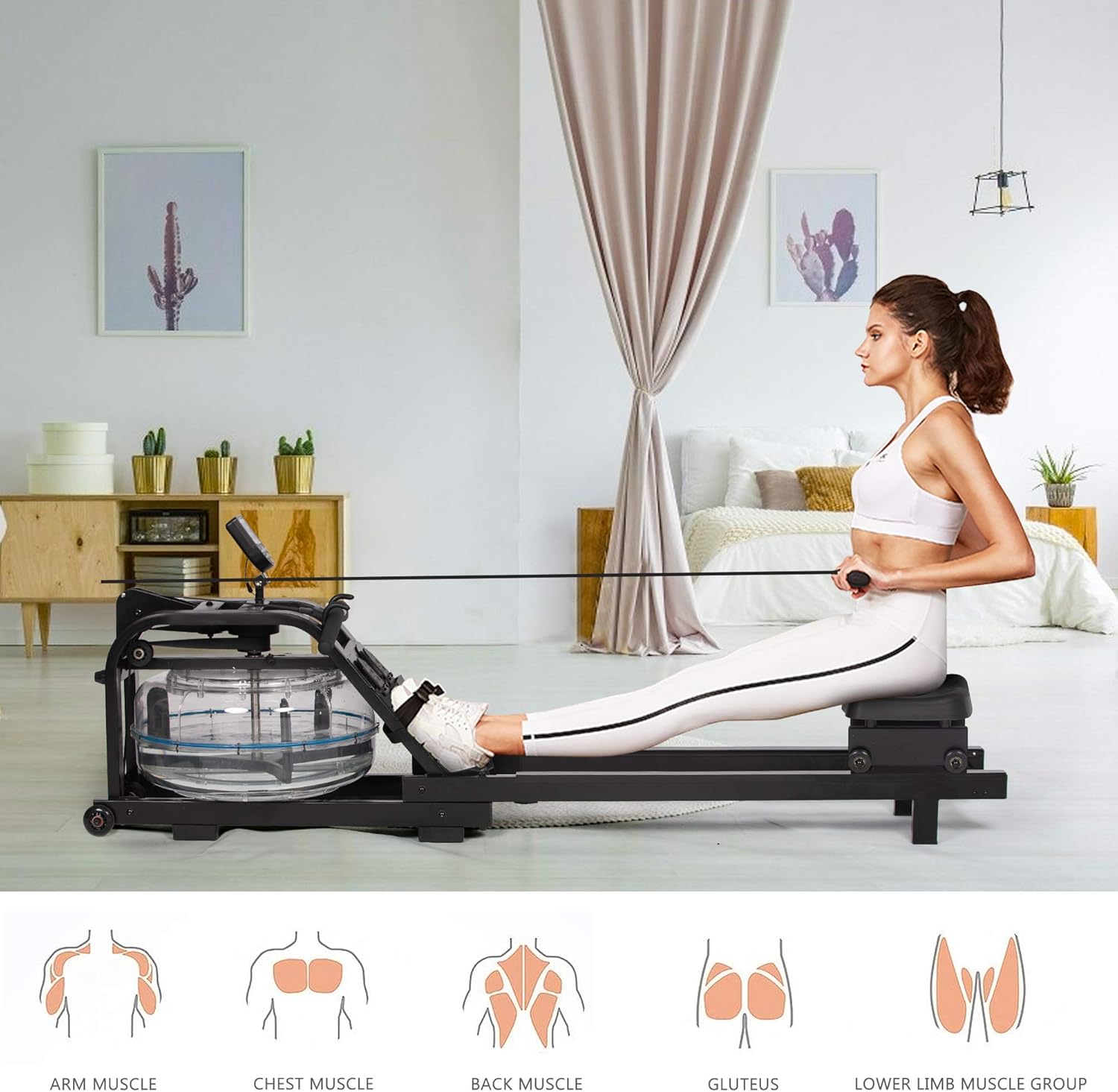 Water Rowing Machine Indoor Water Rower Adjustable Resistance with LCD Monitor Home Gym Equipment for Whole Body Exercise Cardio Training - Image 4
