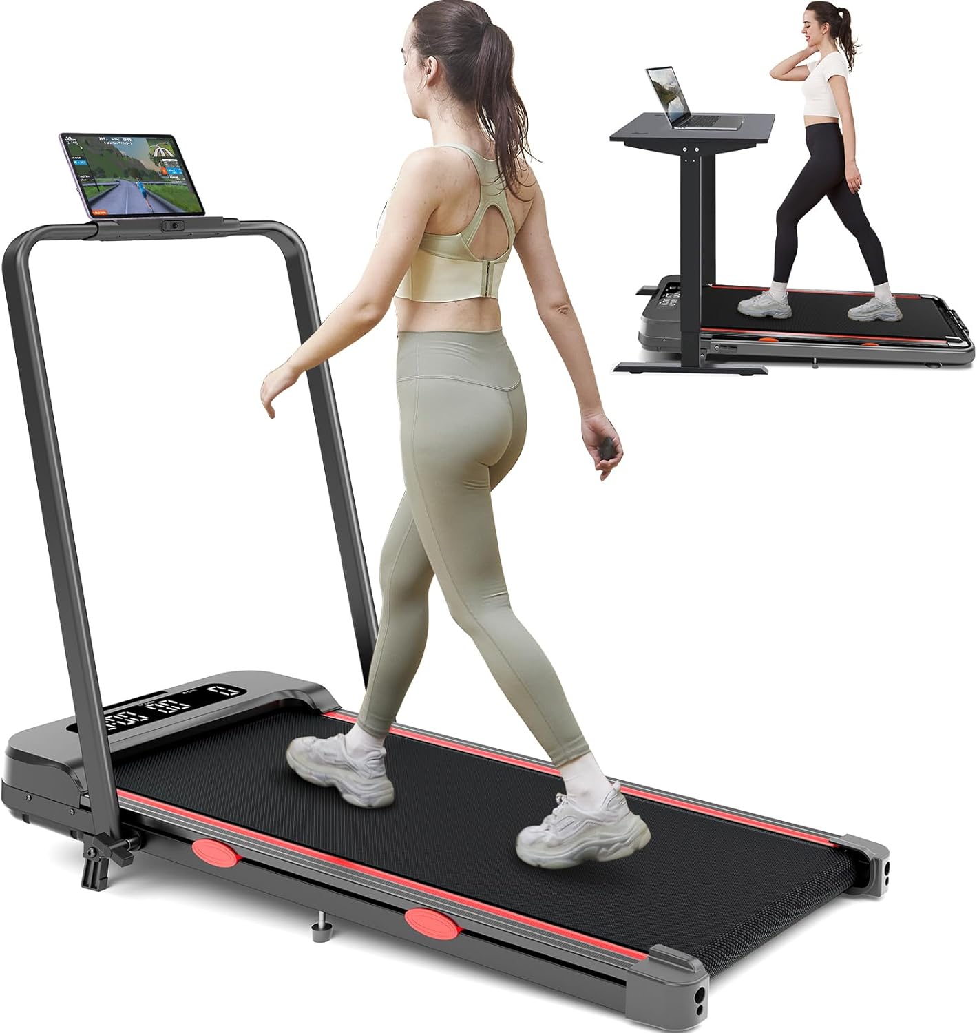 Incline Treadmill for Home, 300+ lb Capacity, Quiet Foldable Treadmills with Handle Bar, Compact Running Machine Walking Pad with APP