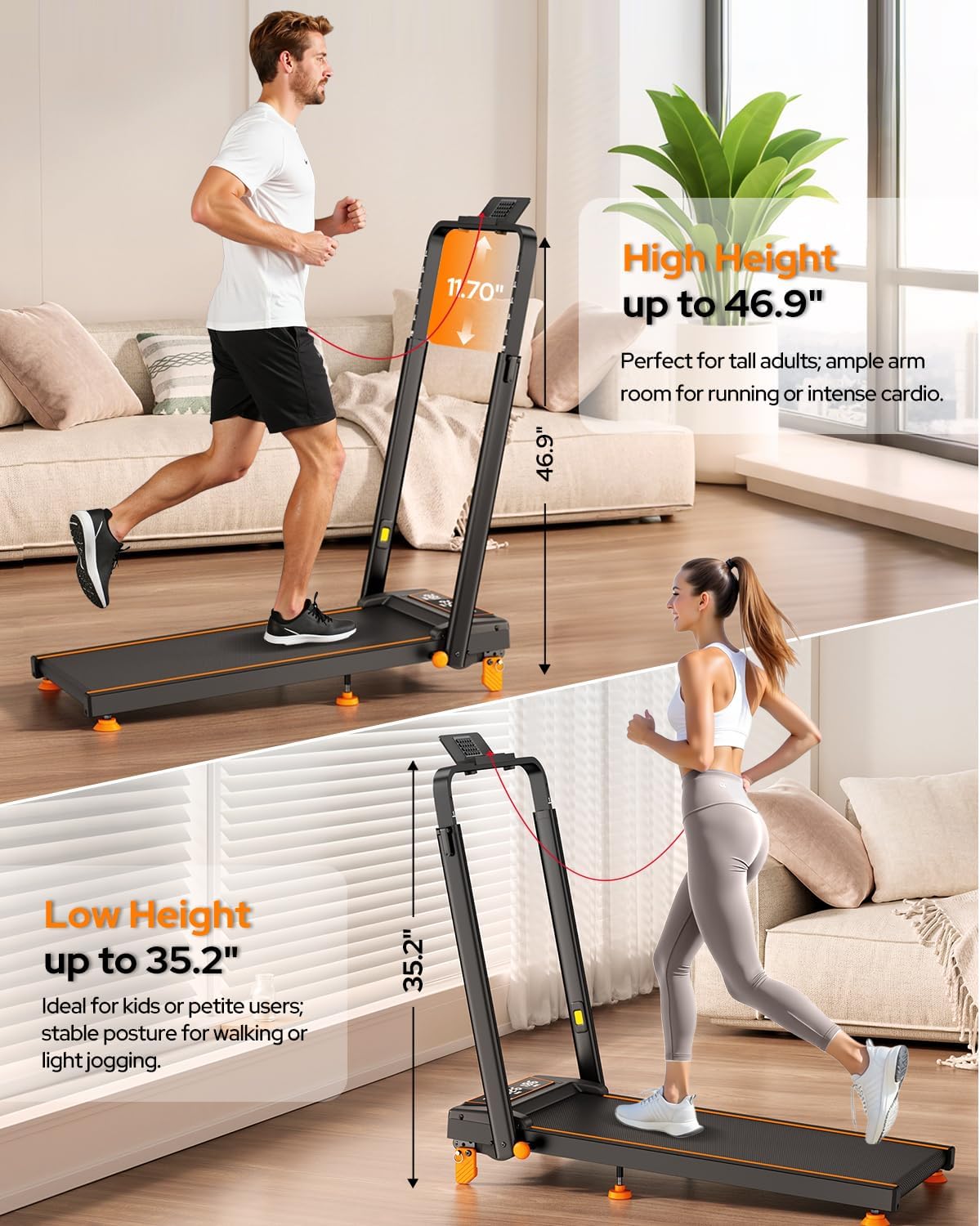 Walking Pad Treadmill with Incline & Adjustable Height, 4 in 1 Folding Under Desk Treadmill, 2025 Upgraded 3.5HP Walking Pad with Handle Bar, Electric Portable Treadmills for Home 350LBS, LED Display - Image 2