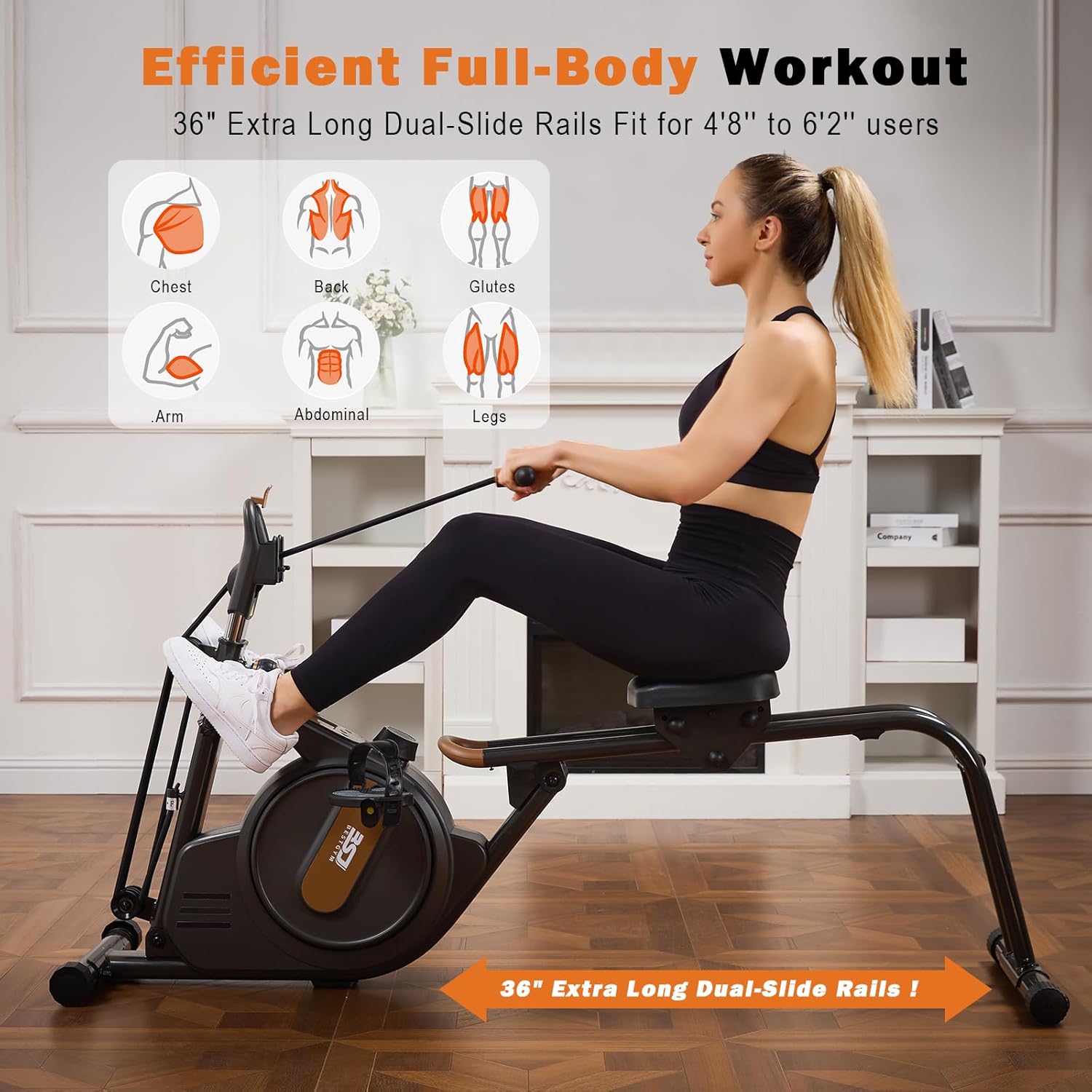 3 in 1 Rowing Machine, Dual Slide Rail 6-Level Adjustable Height with Max 350lb Weight Capacity, Home Fitness Rower for Full Body Workout, App Compatible - Image 5