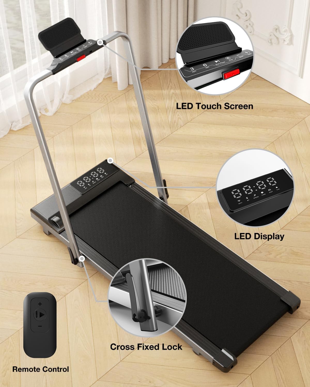 DeerRun 3 in 1 Walking Pad Treadmill, 300 Weight Capacity Foldable Treadmill, 3.0HP Low Noise Under Desk Treadmills for Home Office with Remote & APP - Image 6