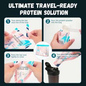 Protein Powder Travel Container Set – 60 Pre-Sealed Disposable Bags with Storage Pouch & Scoop | Leakproof Single-Use Design for Gym, Workouts, Travel | Mess-Free Supplement Storage Solution