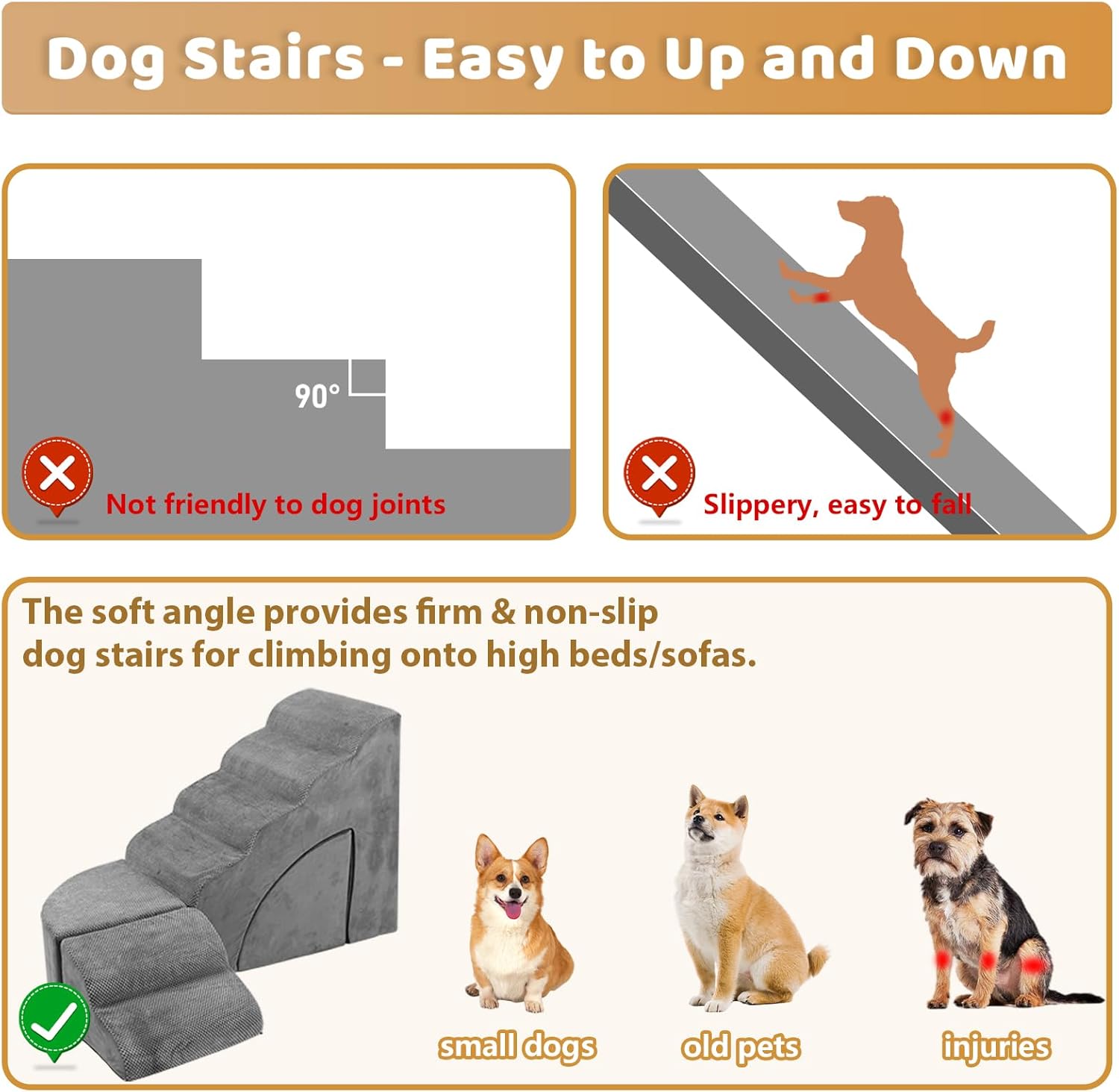 Dog Stairs for High Beds up to 32" H, A.FATI 6 Step Pet Ramp with Machine Washable Cover, Non-Slip Dog Steps for Bed for Small/Medium/Old Dogs, 30D Foam Pet Stairs - Image 7