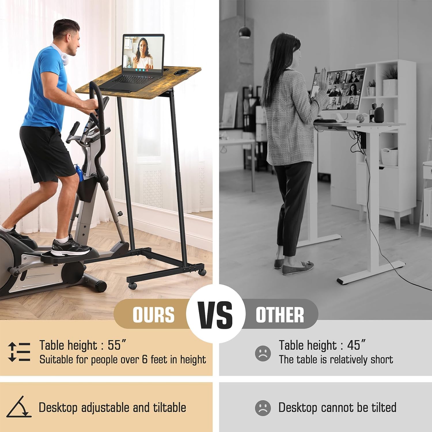Treadmill Desk, Mobile Small Standing Desk with Wheels for Walking Pad, Portable Table for Laptop, Rolling Table Adjustable Height, Bedside Table - Image 4