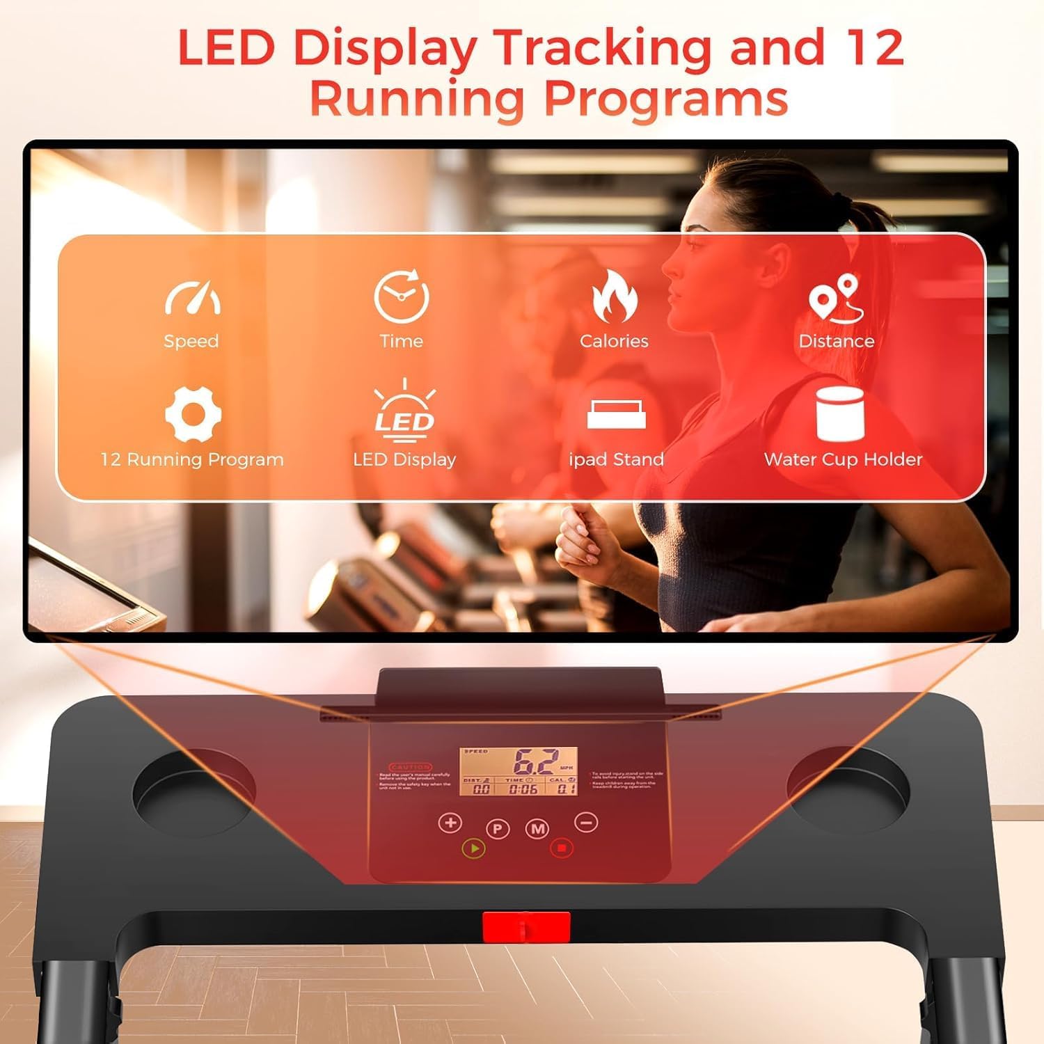 Treadmill with Handles, Portable Small Treadmills for Home and Office, 3.0HP Folding Walking Pad with 300 lbs Capacity, Cup Holder, LED Display and 12 Preset Programs - Image 2