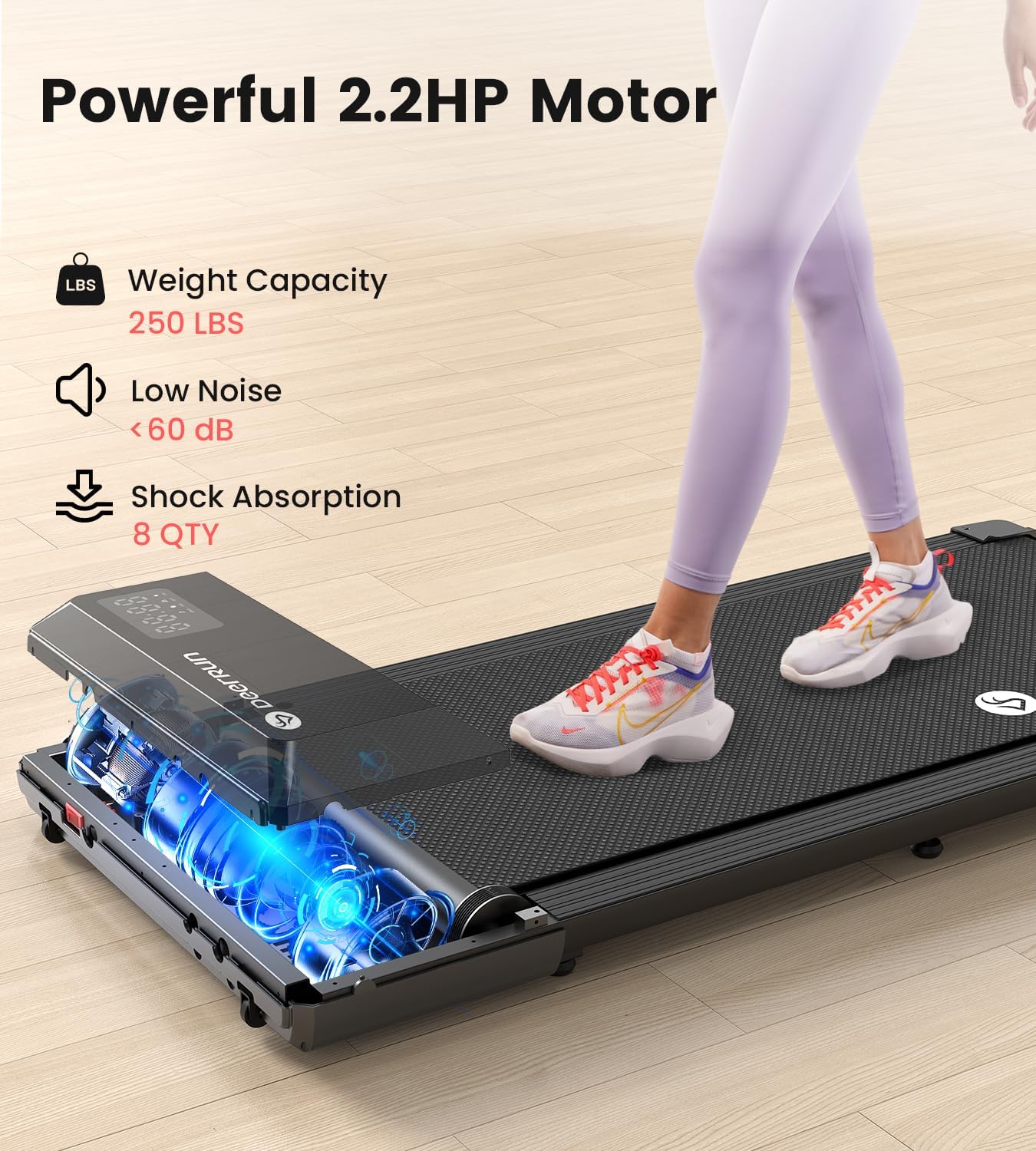 DeerRun Walking Pad 2 in 1 Under Desk Treadmill, 2.5HP Low Noise Walking Pad Running Jogging Machine with Remote Control for Home Office, Lightweight Portable Desk Treadmill Installation Free - Image 3