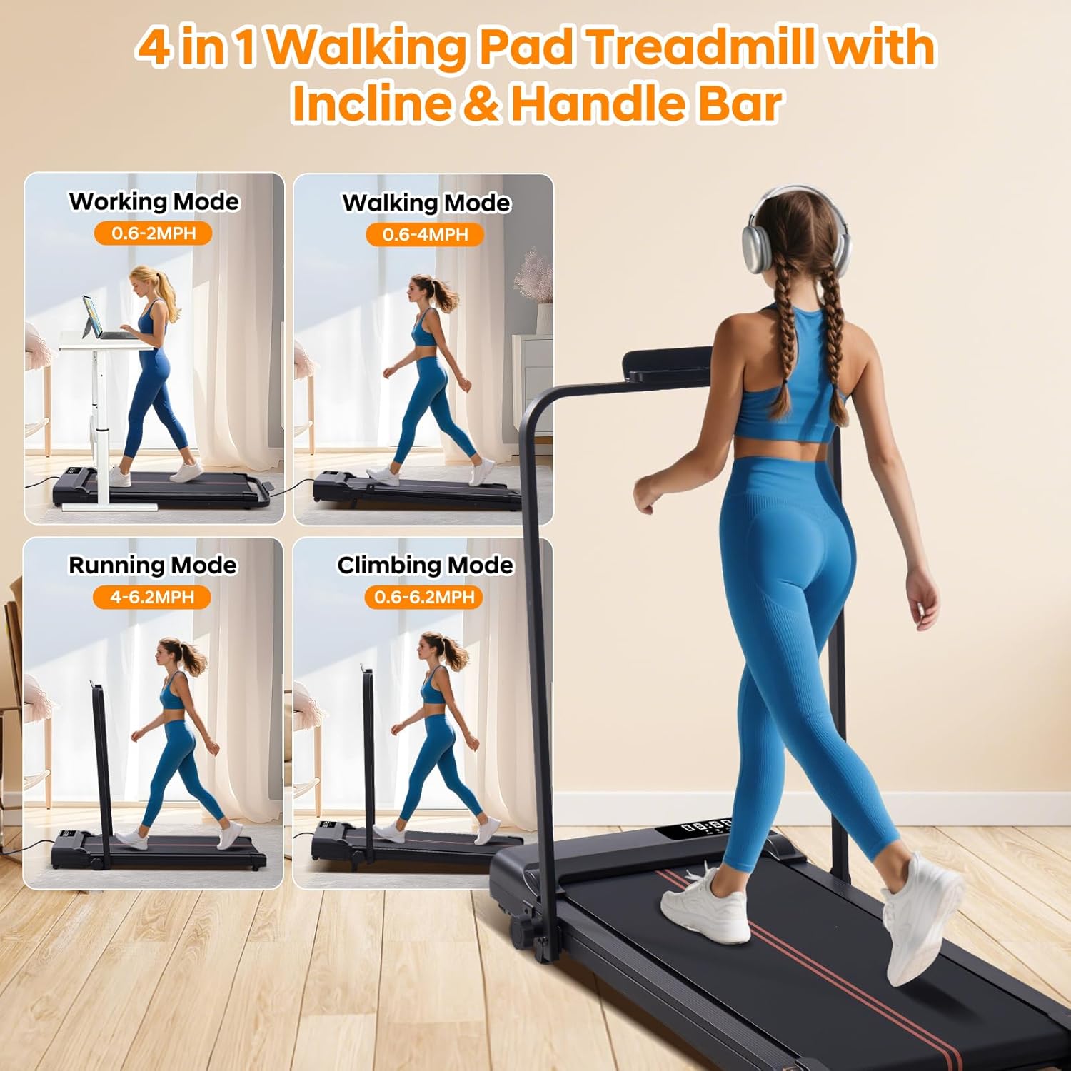 Walking Pad with Incline and Handle Bar, 0.6-6.2 MPH Compact Portable Walking Pads Treadmill with Handles for Home Small, 3.0HP Small Treadmills with Incline for Home Small Spaces, 320LB Capacity - Image 2