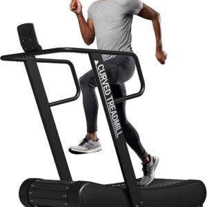 Mikolo Curved Manual Treadmill, Non Electric Treadmill with 8 Resistance Levels, LCD Digital Monitor Shock Absorption, Multi-Grip Adjustable Handrails, Non-Slip Belt
