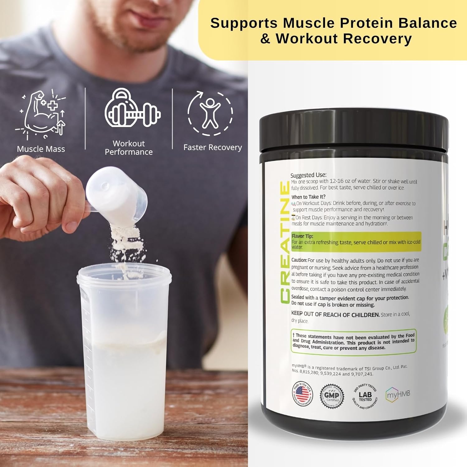 HMB Creatine Leucine Powder - 5g Creatine Monohydrate, 3g HMB Supplement, 3g L-Leucine - Vitamin D3, Vegan Lemonade Flavor, Muscle & Strength Support - 30 Servings - Image 3