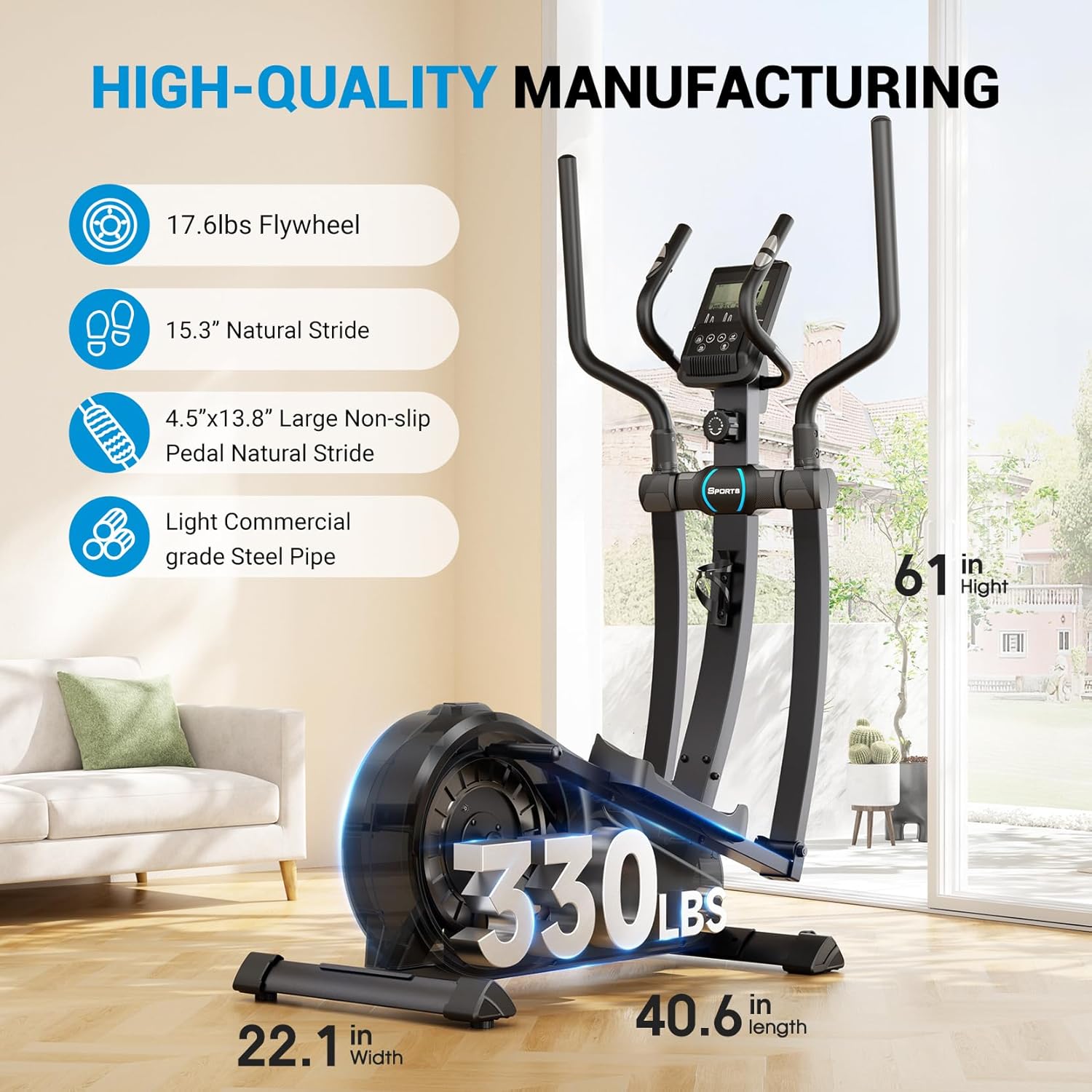 THERUN Elliptical Exercise Machine, Elliptical Machine for Home w/Whisper-Quiet Magnetic Driving System, Elliptical Trainer w/ 15.3" Stride, 16 Resistance Levels, 8KG Flywheel, Bottle Holder - Image 4