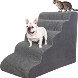 5 Step Pet Stairs Ramp for High Beds Sofas 5-30 Inch with Sturdy Non Slip Waterproof Pads, Machine Washable Cover Indoor Balanced Design for Cats Dogs Small Medium Large XL Pets Grey (Grey, Large, 1)