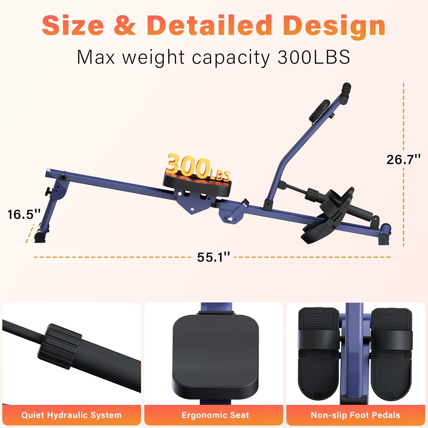 Rowing Machines for Home, Hydraulic Rower Compact Foldable, 300LBS Weight Capacity with 12 Levels Adjustable Resistance for Full-Body Cardio Workouts - Image 3