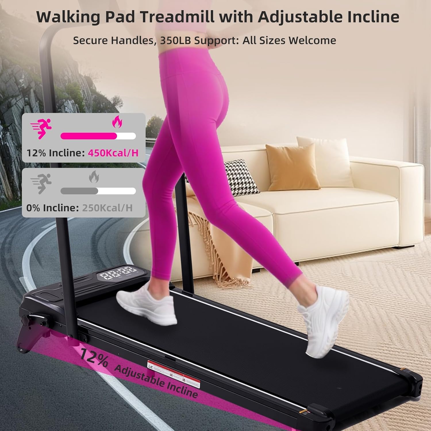 Electric Walking Pad Treadmill with Adjustable Incline and Handle Bar, 3.5HP Small PortableTreadmills for Home Office Small, 4 in 1 Folding Foldable Treadmill with Handles, 0.6-7.6MPH, 350LBS - Image 3