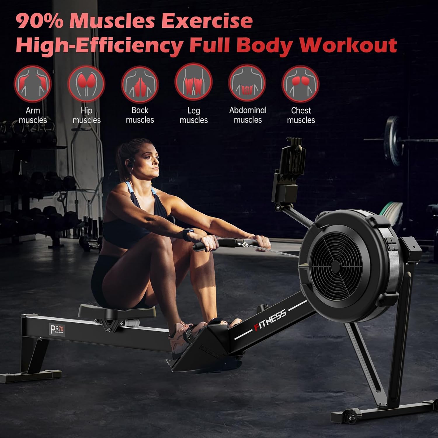 PASYOU Air Rowing Machine for Home 10-Level Resistance 350lb Load Rower Machine Foldable Commercial Row Machines with 47in Rail and Bluetooth Backlit Monitor, Adjustable Device Holder PR70 - Image 8