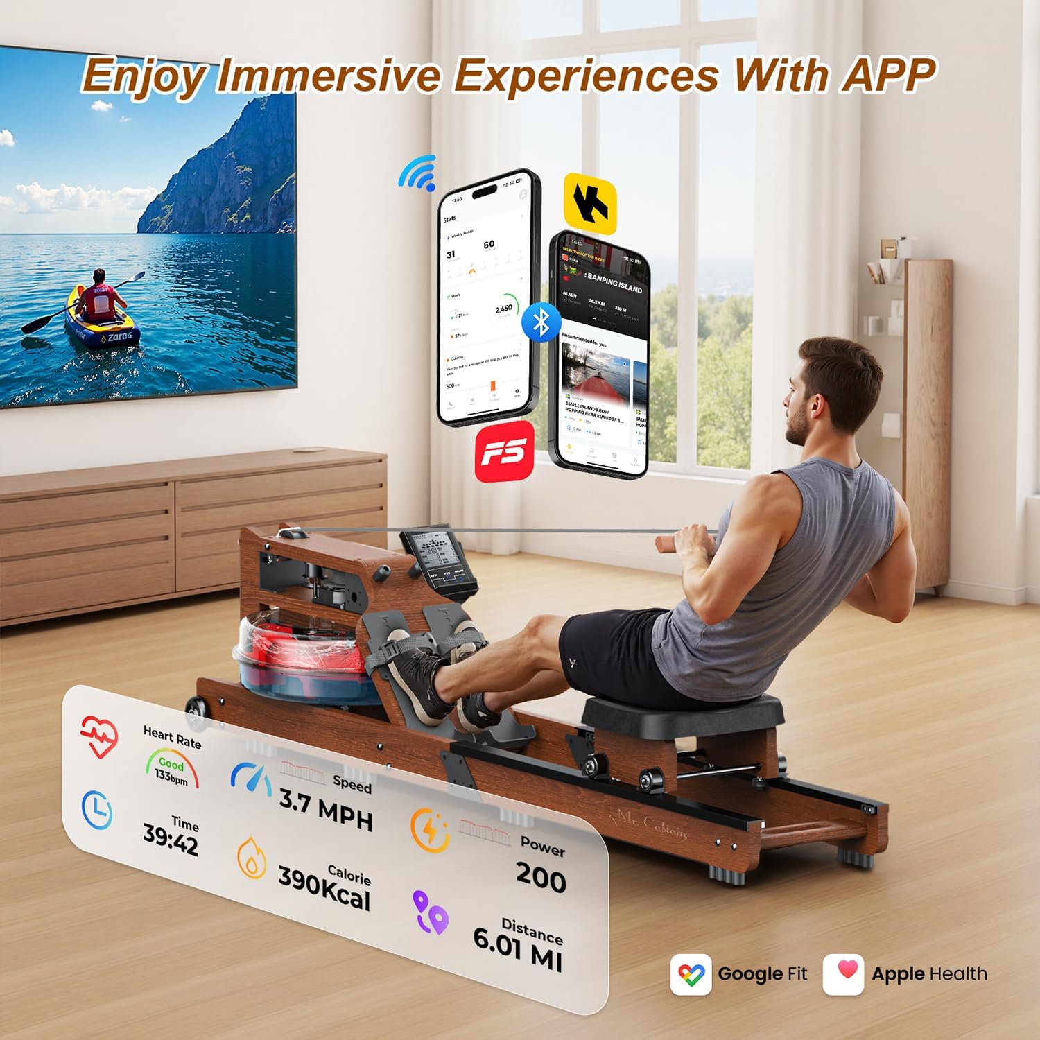 Water Rowing Machine for Home Use- Foldable Rower Machine 400LBS Weight Capacity with Dedicated Monitor & Comfortable Seat, Bluetooth APP - Image 3