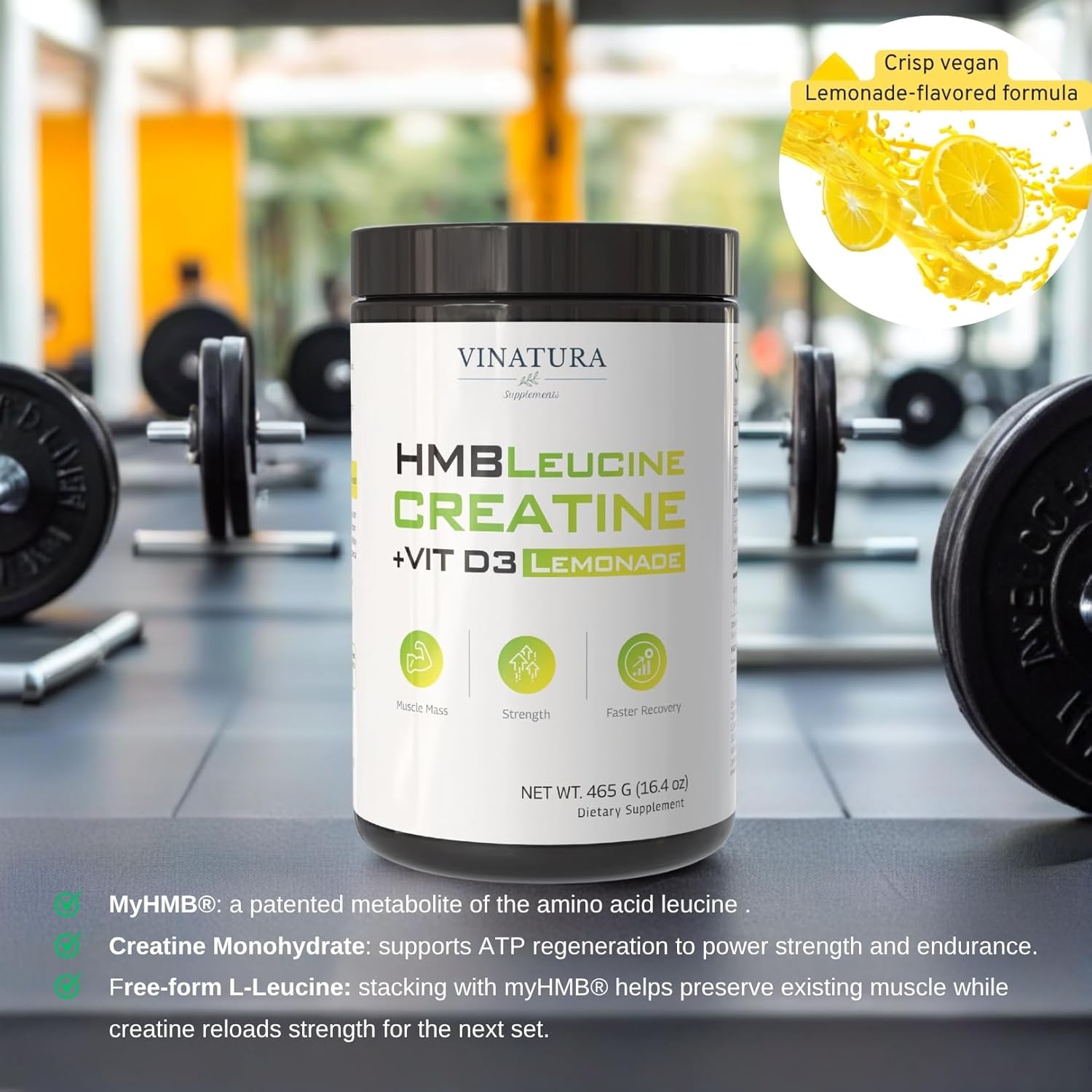 HMB Creatine Leucine Powder - 5g Creatine Monohydrate, 3g HMB Supplement, 3g L-Leucine - Vitamin D3, Vegan Lemonade Flavor, Muscle & Strength Support - 30 Servings - Image 4