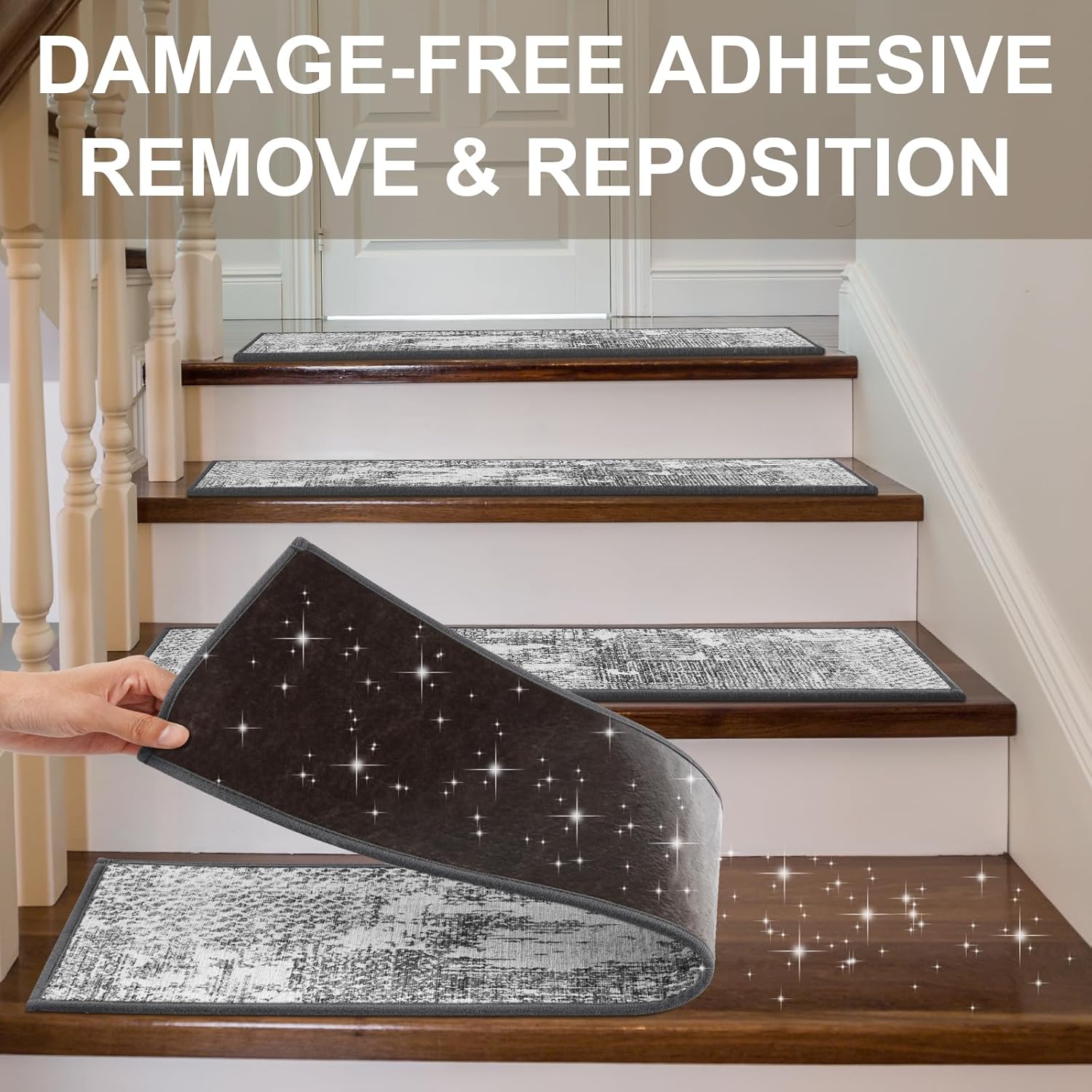 Non Slip Stair Treads for Wooden Steps Indoor, Grey, 15pcs, 30"X8", Soft Carpet Mat, Machine Washable Boho Carpet Treads with Reusable Adhesive Backing, Safety Stair Tread for Dogs, Kids, Elders - Image 7
