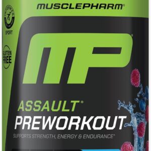Muscle Pharm Assault Energy & Strength Pre Workout Powder for Men & Women with Beta Alanine, Caffeine, Creatine & Betaine Anhydrous, Pre-Workout Supplements, 30 Servings, Blue Raspberry Flavor