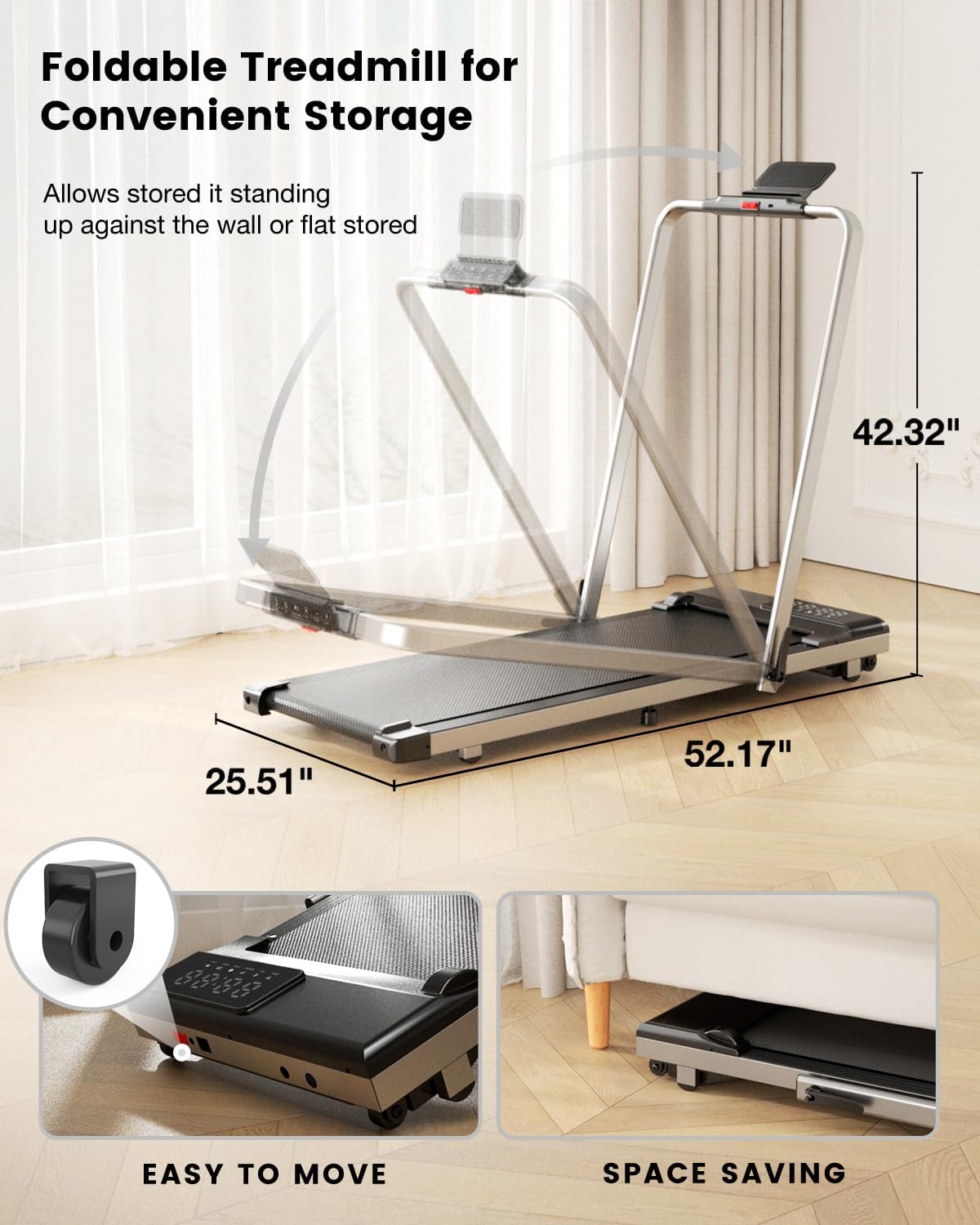 DeerRun 3 in 1 Walking Pad Treadmill, 300 Weight Capacity Foldable Treadmill, 3.0HP Low Noise Under Desk Treadmills for Home Office with Remote & APP - Image 3