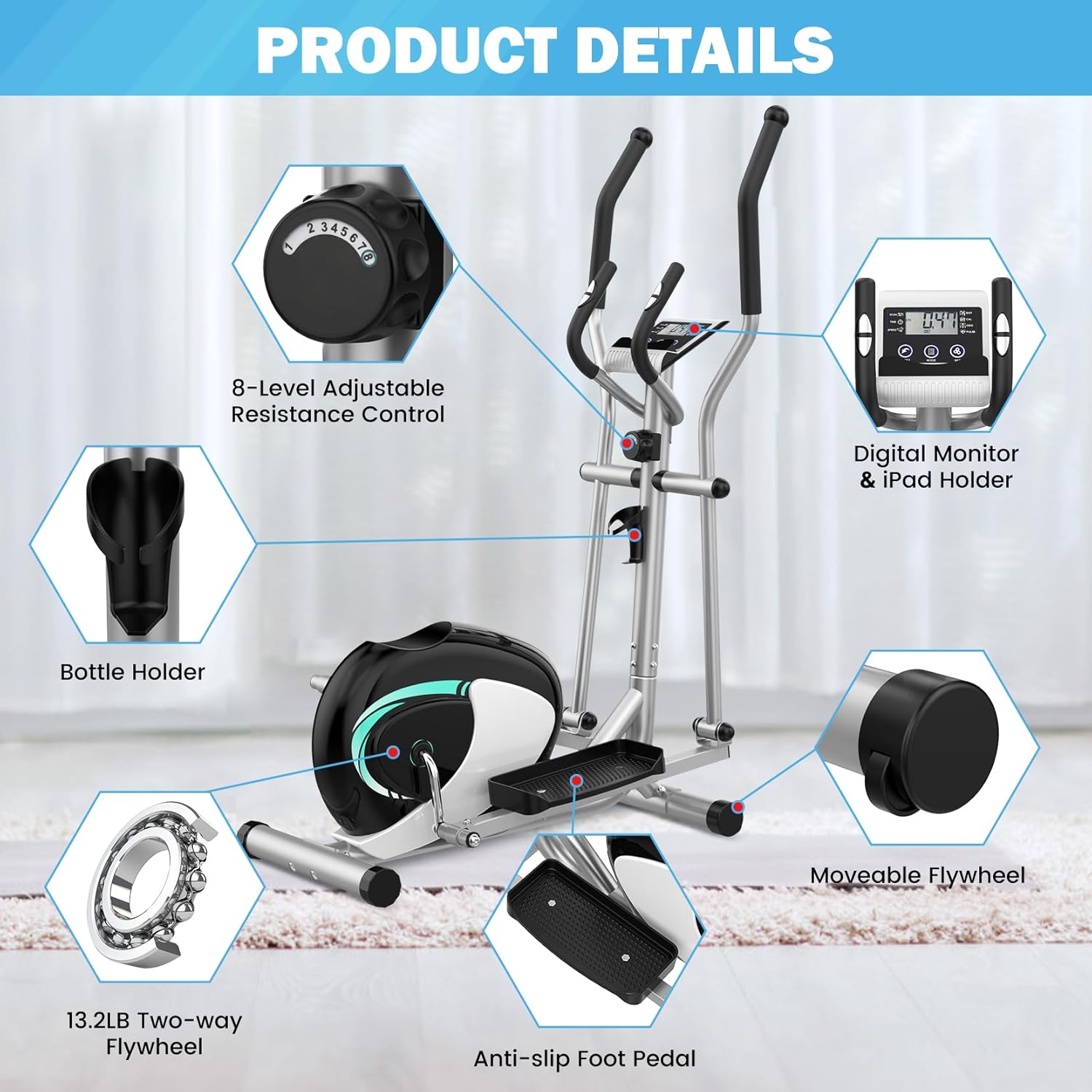Elliptical Exercise Machine, Dripex Magnetic Elliptical Machine for Home, Hyper-Quiet Elliptical Training Machines w/ 6KG Flywheel, 8 Resistance Levels, Pulse Monitor, LCD Monitor, Device Holder - Image 8
