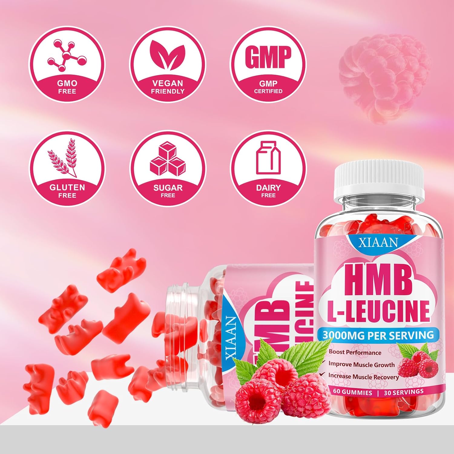 HMB and Leucine Gummies for Men & Women, 3000mg Leucine HMB Amino Acids Supplement for Muscle Growth, Muscle Relief and Workout Recovery, Sugar-Free, Raspberry Flavor, 60 Count - Image 5
