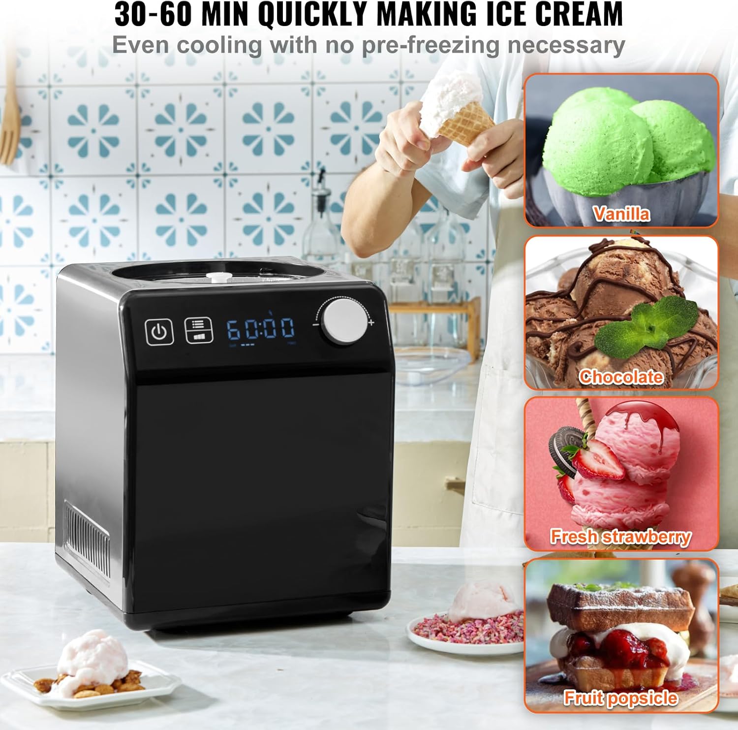 VEVOR Upright Automatic Ice Cream Maker with Built-in Compressor, 2 Quart No Pre-freezing Fruit Yogurt Machine, Stainless Steel Electric Sorbet Maker, 4 Modes Gelato Maker with Digital Display & Timer - Image 4