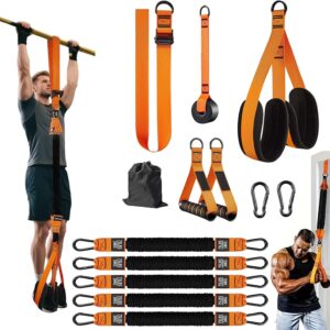 Pull Up Assistance Bands Set of 11 (375lbs)–Extra Heavy Duty Band, Dual Foot Rest, Door Anchor, Handles–Adjustable Resistance Bands for Pull Up Bar, Strength Training, Home Gym Workout