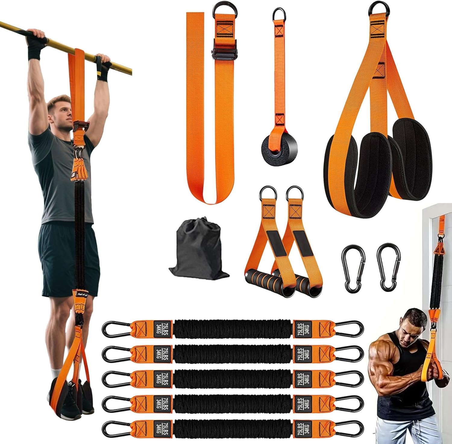 Pull Up Assistance Bands Set of 11 (375lbs)–Extra Heavy Duty Band, Dual Foot Rest, Door Anchor, Handles–Adjustable Resistance Bands for Pull Up Bar, Strength Training, Home Gym Workout