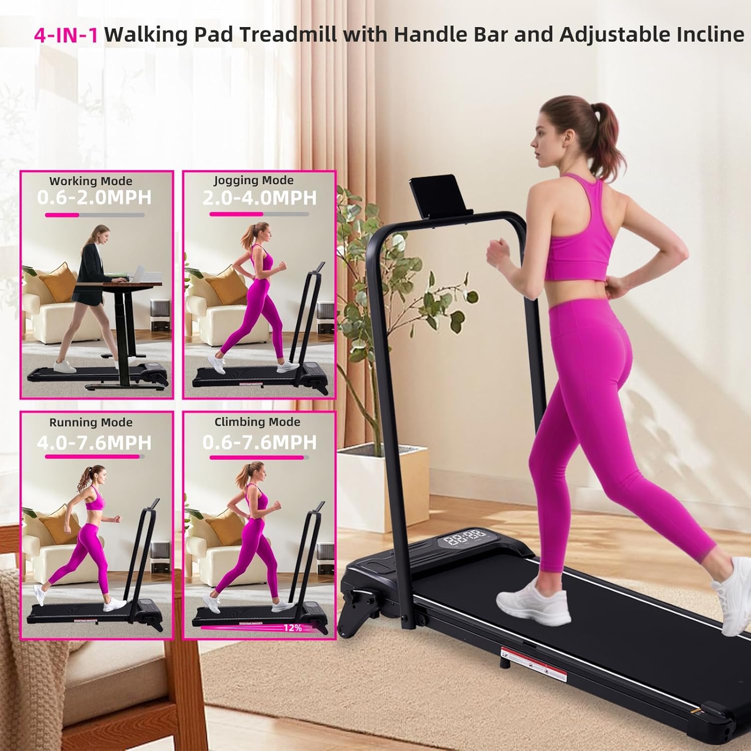 Electric Walking Pad Treadmill with Adjustable Incline and Handle Bar, 3.5HP Small PortableTreadmills for Home Office Small, 4 in 1 Folding Foldable Treadmill with Handles, 0.6-7.6MPH, 350LBS - Image 2