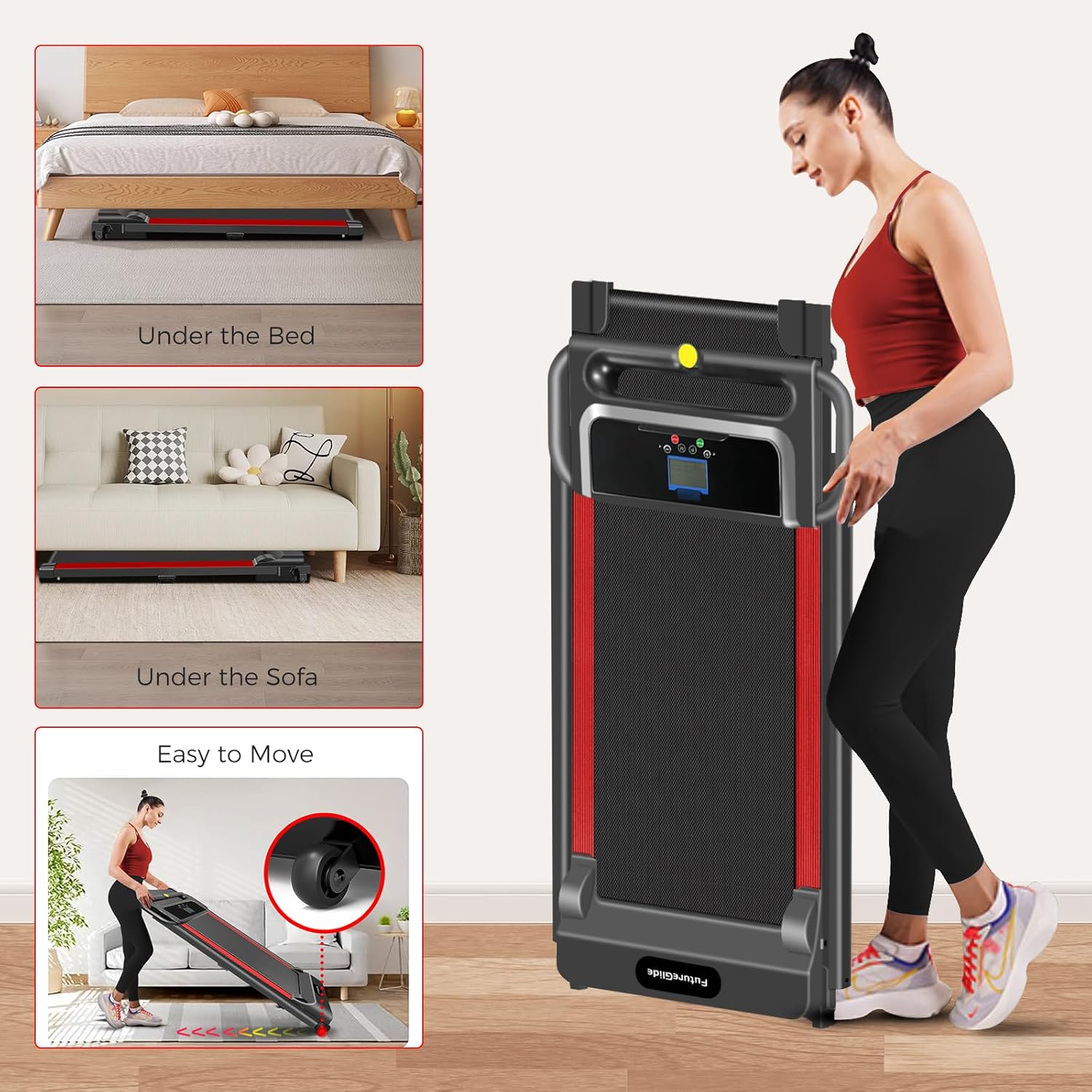 Portable Treadmill with Handle, 3.0HP Walking Pad Treadmill, Electric Compact Treadmills,Treadmills for Home Small Space with 12 Preset Programs, Walking Pad with Handle,300 LBS Capacity(Black Red) - Image 5